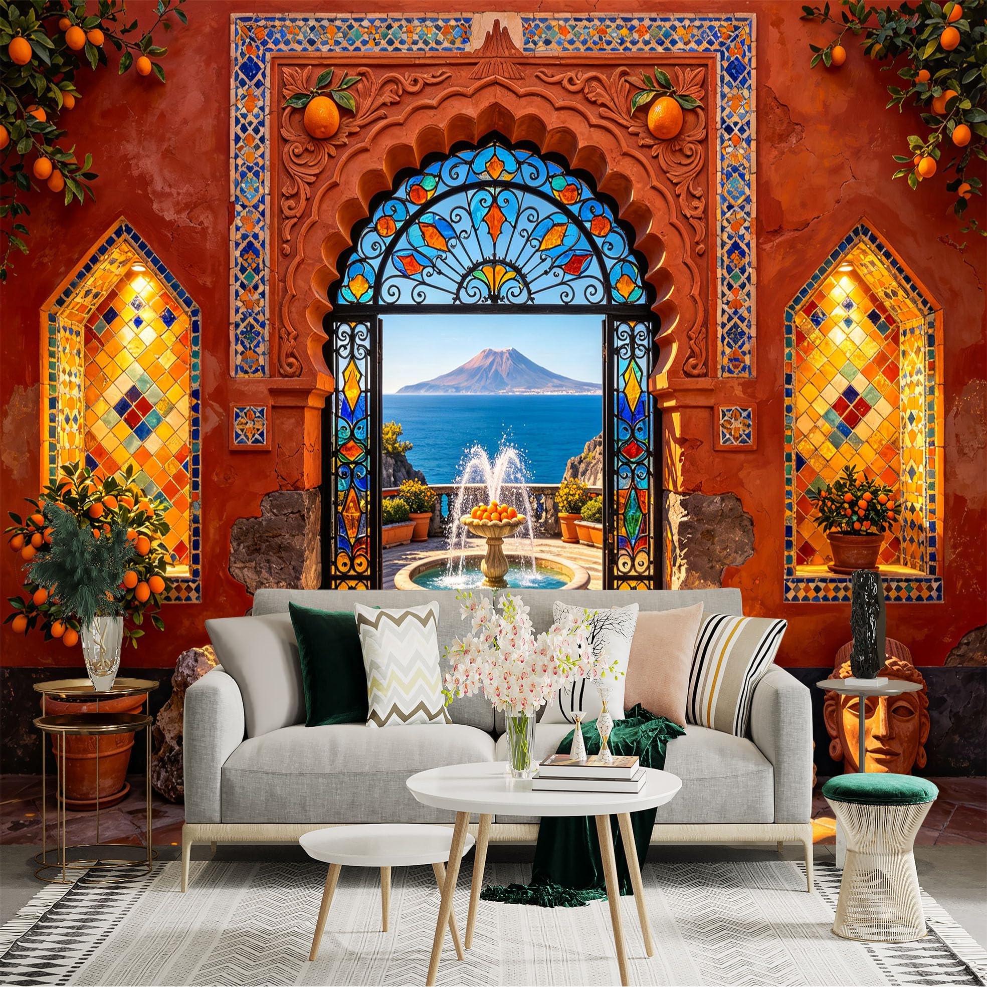 Custom Size Wall Sticker Mural， Mediterranean Courtyard with Sea View， Mosaic Arch and Fountain， for wall Decoration， peelandstick wall Decals.