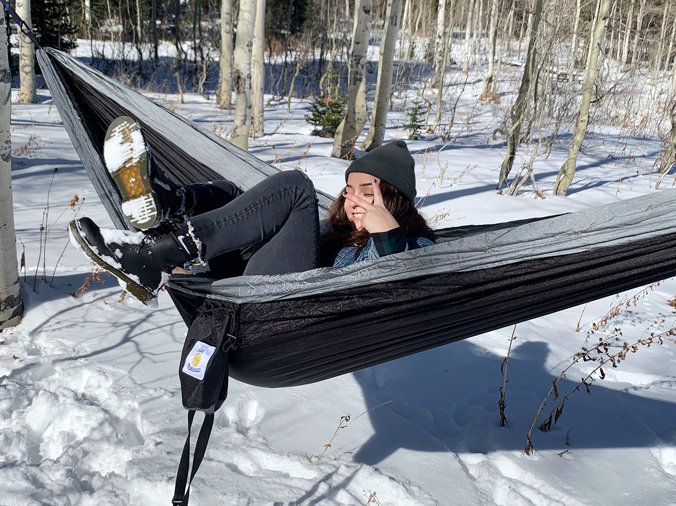 BLUE BANANAZ Hammock-Camping Hammock for Outdoors, Backpacking & Camping Gear- Double Hammock with Tree Straps, 2 People Hammock, Portable Hammock, Tree & Hiking Gear- Holds up to 600lbs (Black/Grey)