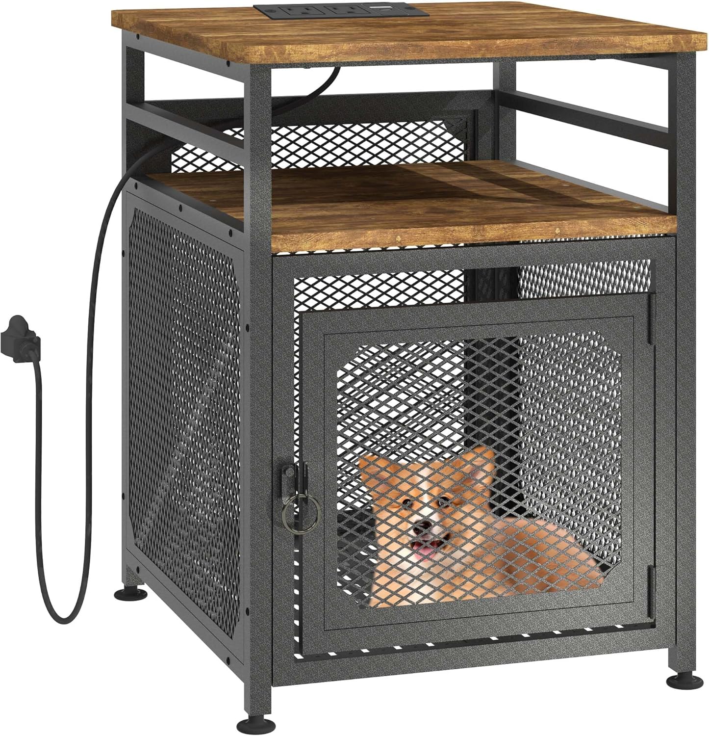 Dog Kennel Furniture, Wooden Dog Crate End Table, Heavy Duty Dog Crate, Decorative Pet Crate Dog Cage Thick Iron Wire Chew-Proof Steel-Tube Dog Cage, Indoor Pet Crate End Table with Pet Mat