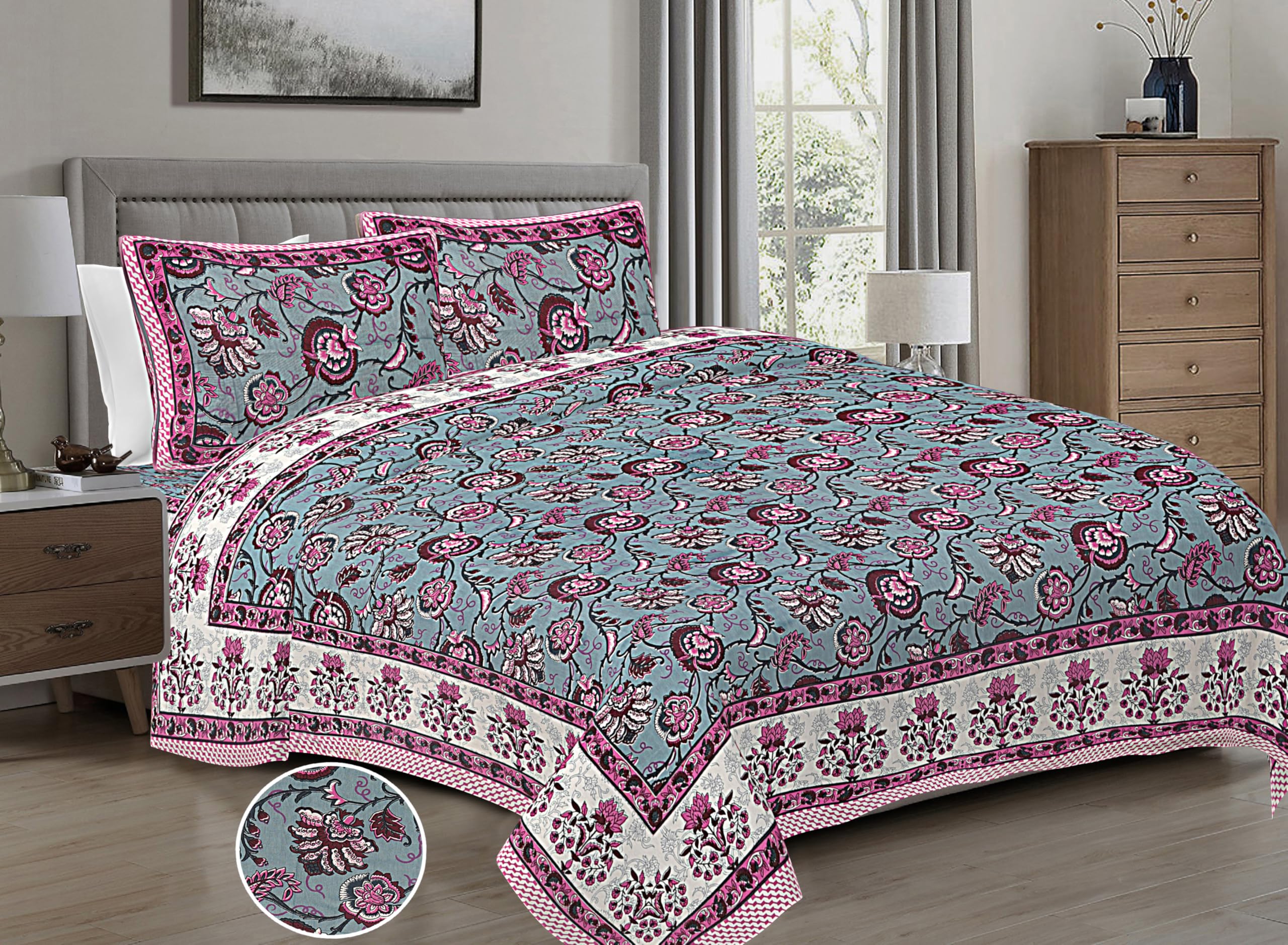 HZAR ART Soft Cotton Queen Size Bedsheet for Double Bed with 2 Pillow Covers | 240 TC Flat Sheet | Jaipuri Print Double BedSheet Cotton(Flower Buti Print, 90 X 100 Inches) SSBS130 (B0D3D93NS1) Amazon Price History, Amazon Price Tracker