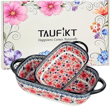 Ceramic Casserole Dishes for Oven, Hand-painted Polish Pottery Baking Dish Set of 2, 0.8QT / 2QT Porcelain Casserole Dishes with Handles, Baking Pan Lasagna Pan, Gift for Family/Friend Red