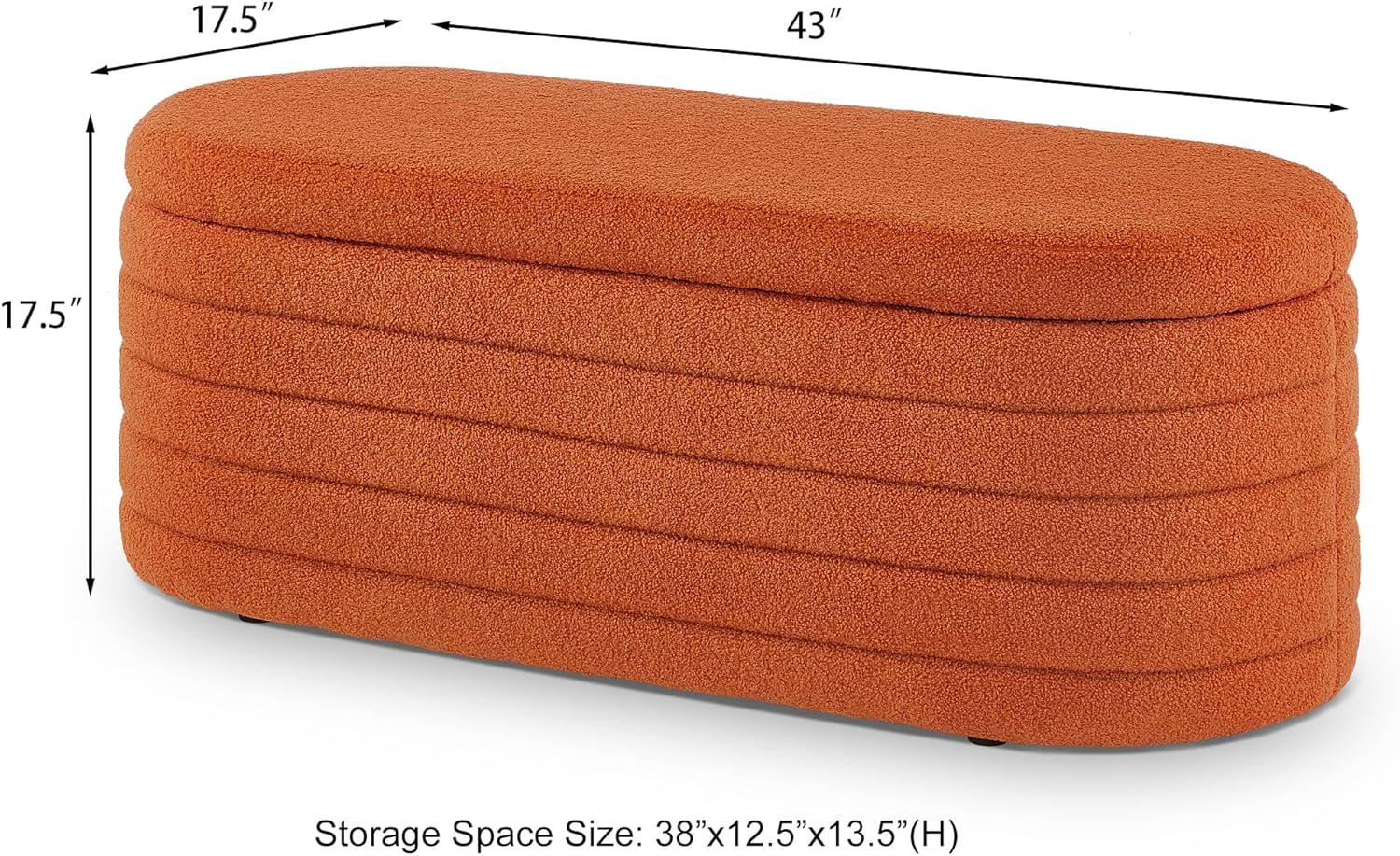 extrasleep 43 Inch Storage Ottoman Bench with Teddy Fabric, Oval Storage Bench with Hidden Compartment, Ottoman with Safety Hinge, Upholstered Bench for Bedroom, Entryway, Living Room, Orange