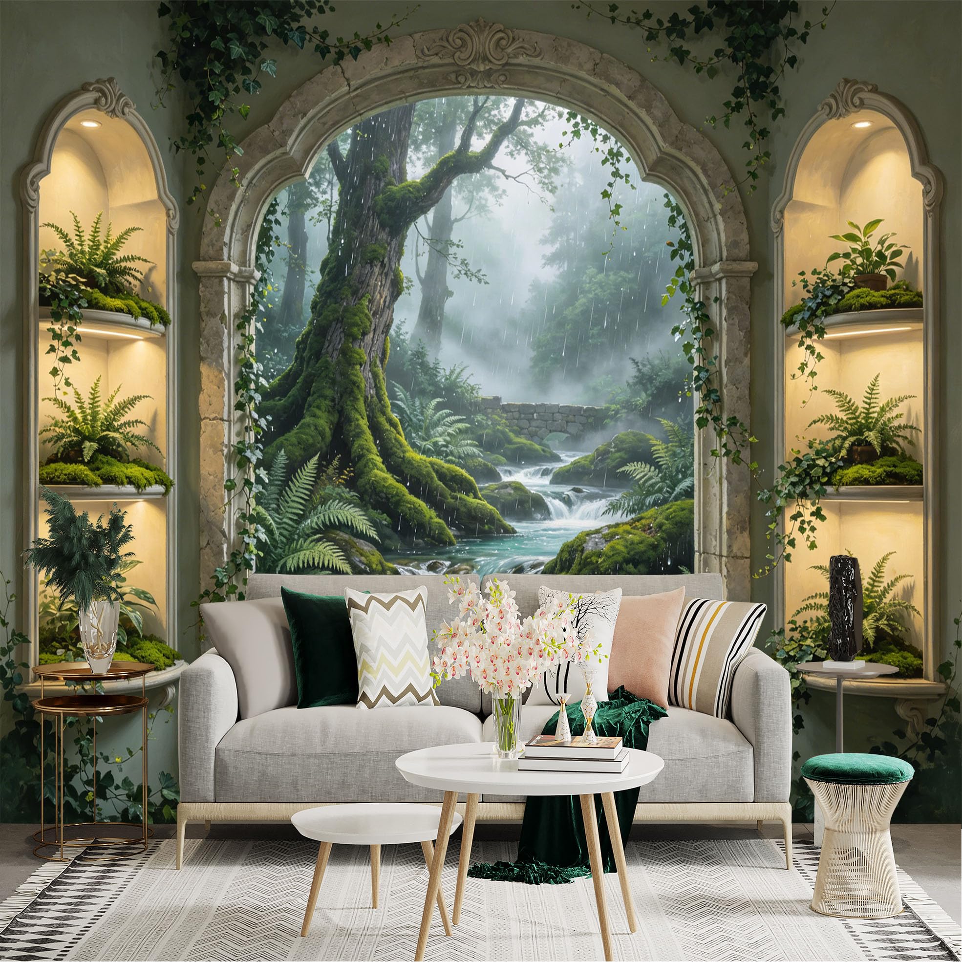 Lnzczhyre Dbh260521399 Custom Size Wall Sticker Mural， Misty Forest Landscape， Mossy Tree By Flowing River， Rain Scene， Indoor Garden View， For Wall Decoration， Peelandstick Wall Decals.