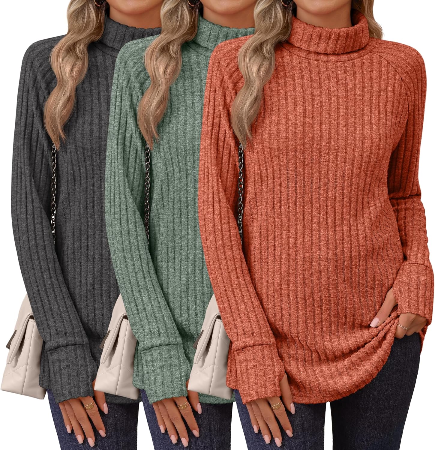 Ficerd 3 Pack Women's Turtleneck Long Sleeve Tunic Sweater Thumbhole, Ribbed Raglan Curved Hem Knit Shirts Loose Fall Winter