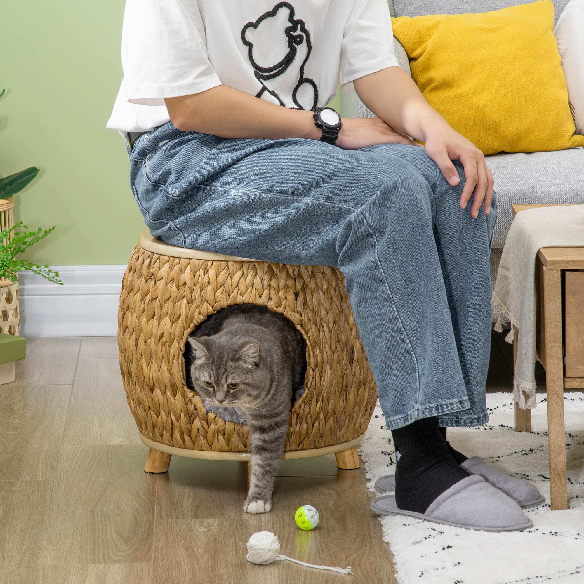 Pawhut grotta per gatti in rattan design 2 in 1 cesto per gatti con cuscino letto per gatti rifugio per gatti letto per animali domestici giacinto d'acqua erba paulownia legno marrone chiaro+grigio 44