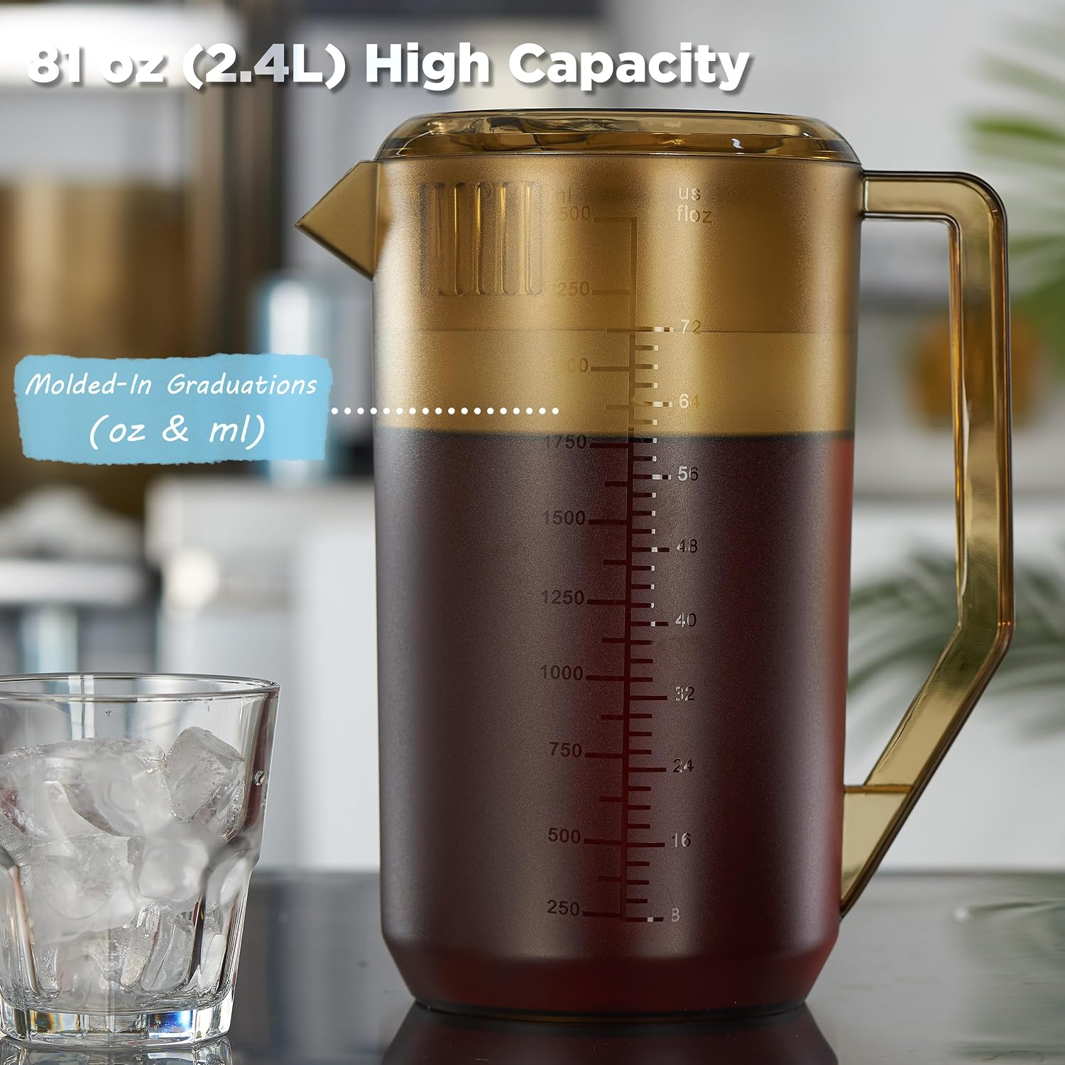 CURTA 81 oz (2.4L) Commercial Polycarbonate Pitcher with 3-Position Lid, Shatterproof Amber Water Jug & Beverage Server for Iced Tea, Lemonade, Beer, Restaurants and Bars