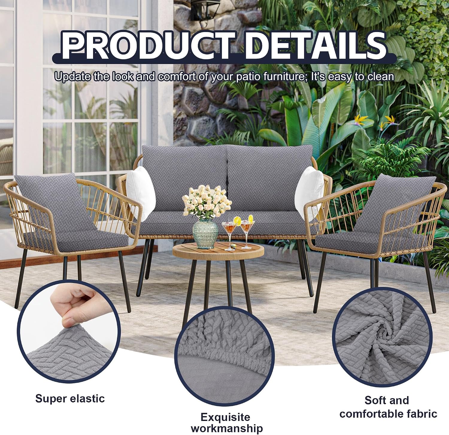 8Pcs Patio Cushion Covers, Outdoor Stretch Cushion Covers, Washable thumbnail