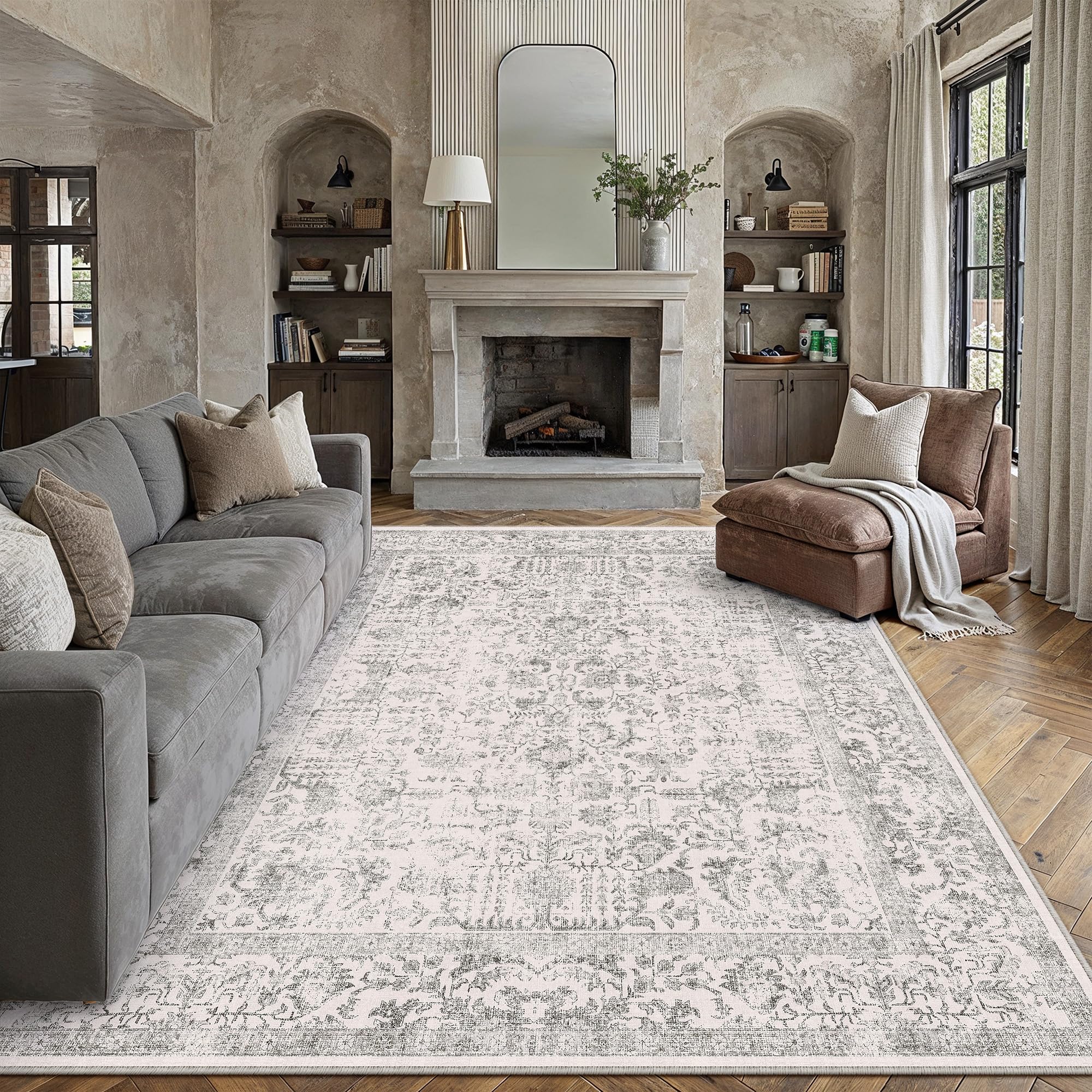 PureCozy Gray Area Rug 6x9 Soft Washable Vintage Living Room Distressed Non Slip Carpet Traditional Indoor Bedroom Grey Retro Floral Accent Throw Large Rug for Office Kitchen Dining Room — image 1