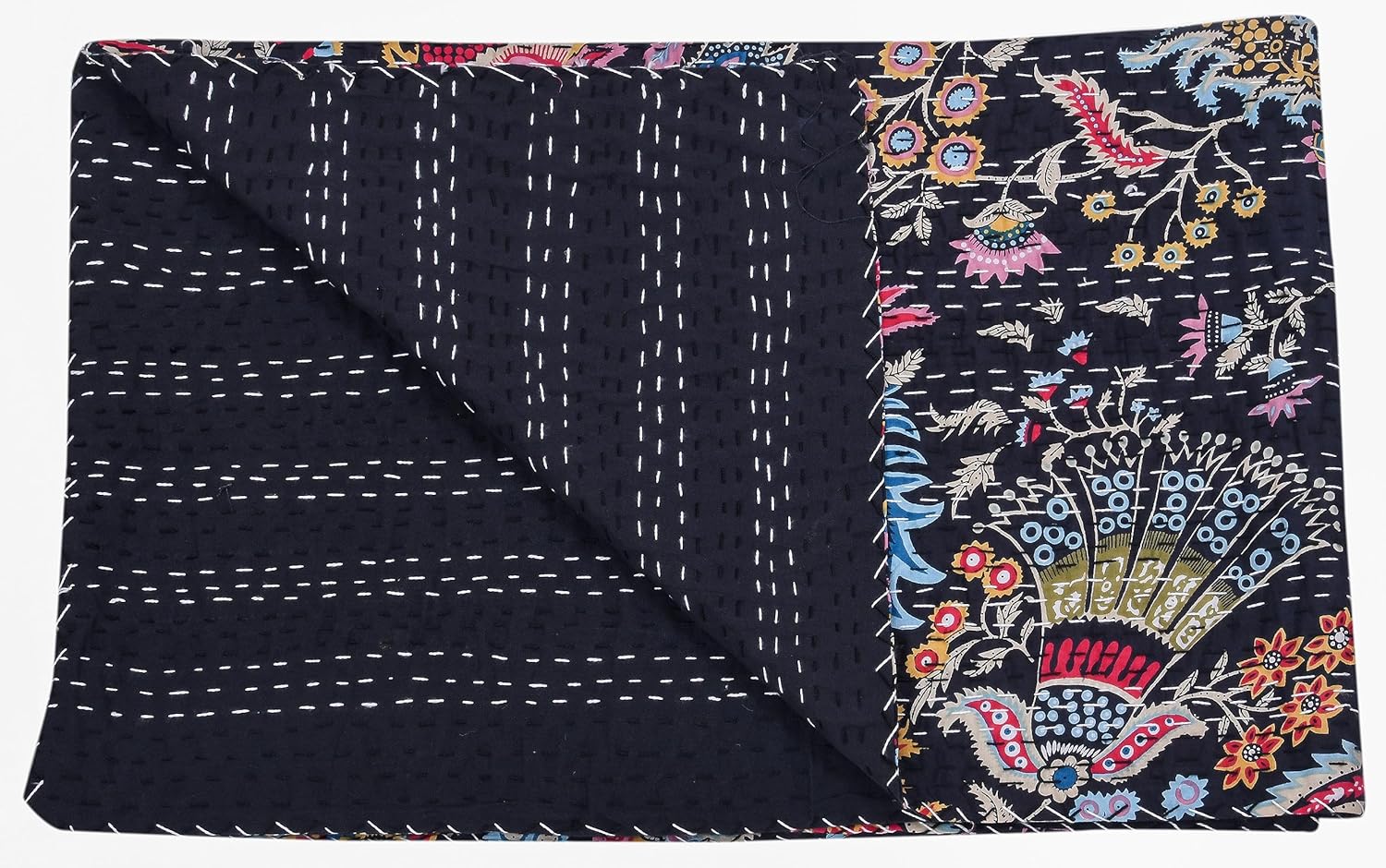 Marubhumi Indian Hand Stitched Pure Cotton Mukut Print Kantha Quilt Kantha Blanket (Black, Queen (90"x 108"))