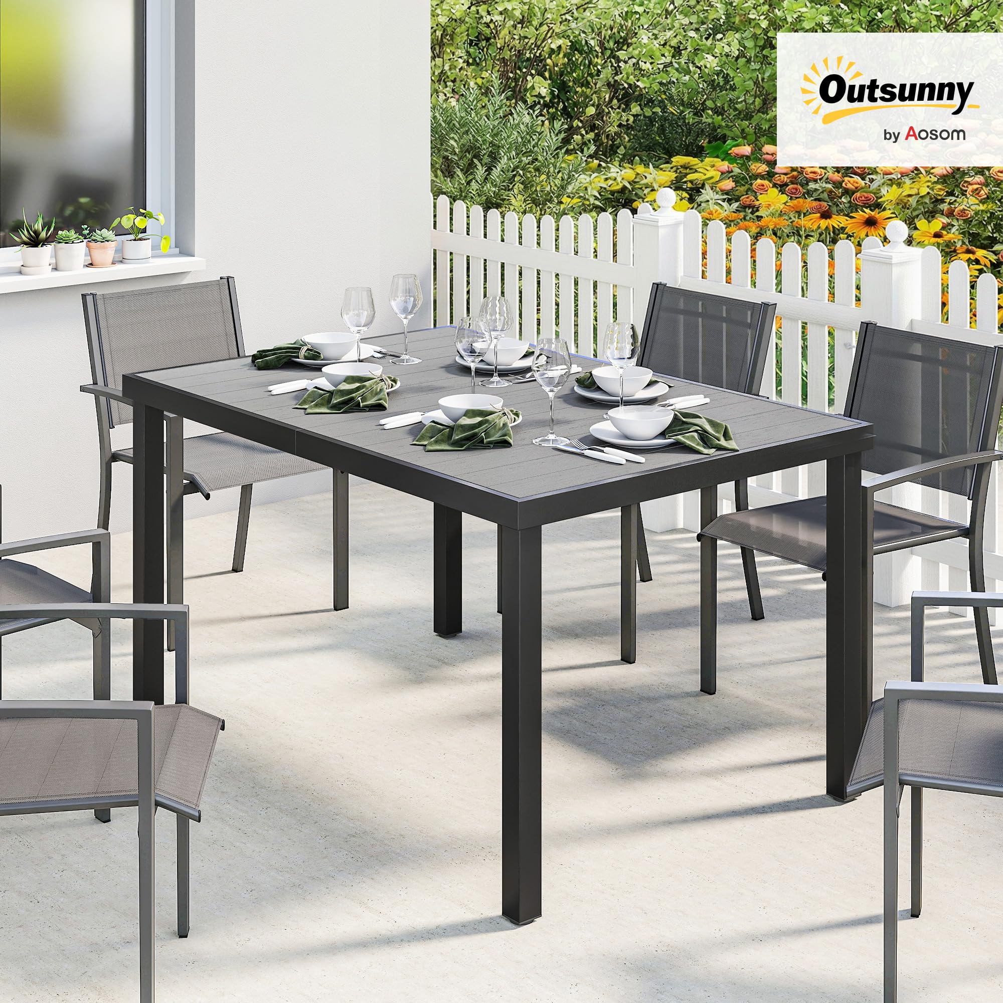 Outsunny Mesa de Comedor de Jardín Rectangular, Mesa de Terraza Exterior 140x90x74 cm, con Estructura de Acero y Encimera Desmontable de WPC de Listones, Carga 50 kg, para Patio, Balcón, Gris