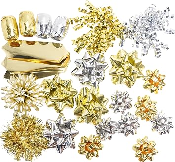 Gift Bows 22 PCS Set Multi Colored Assorted - Bow x 18 pcs + Kegg Roll x 4 pcs - Silver/Gold, Holiday Christmas Birthday Party Wrapping