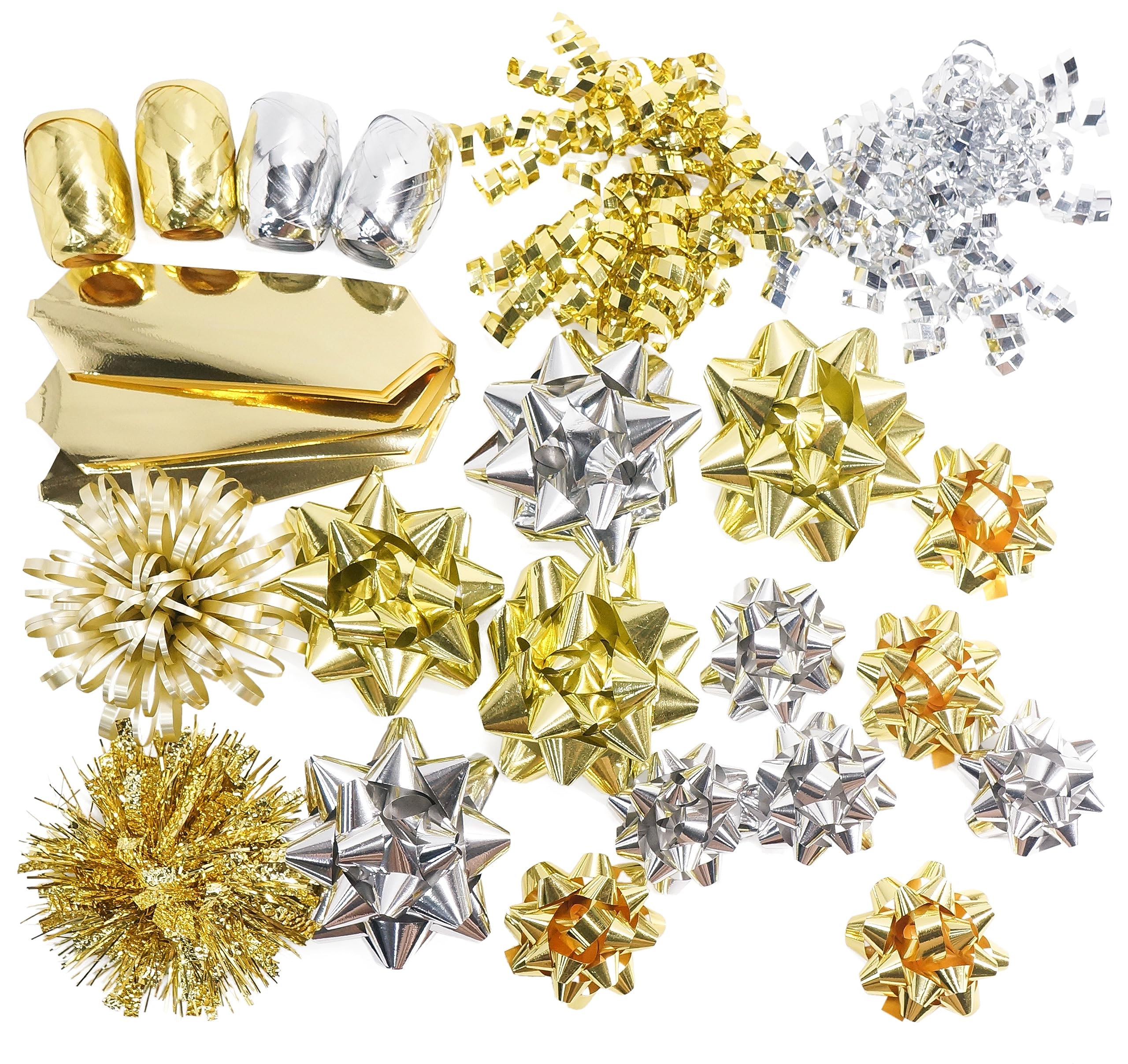 CT CRAFT LLC Gift Bows 22 PCS Set Multi Colored Assorted - Bow x 18 pcs + Kegg Roll x 4 pcs - Silver/Gold, Holiday Christmas Birthday Party Wrapping