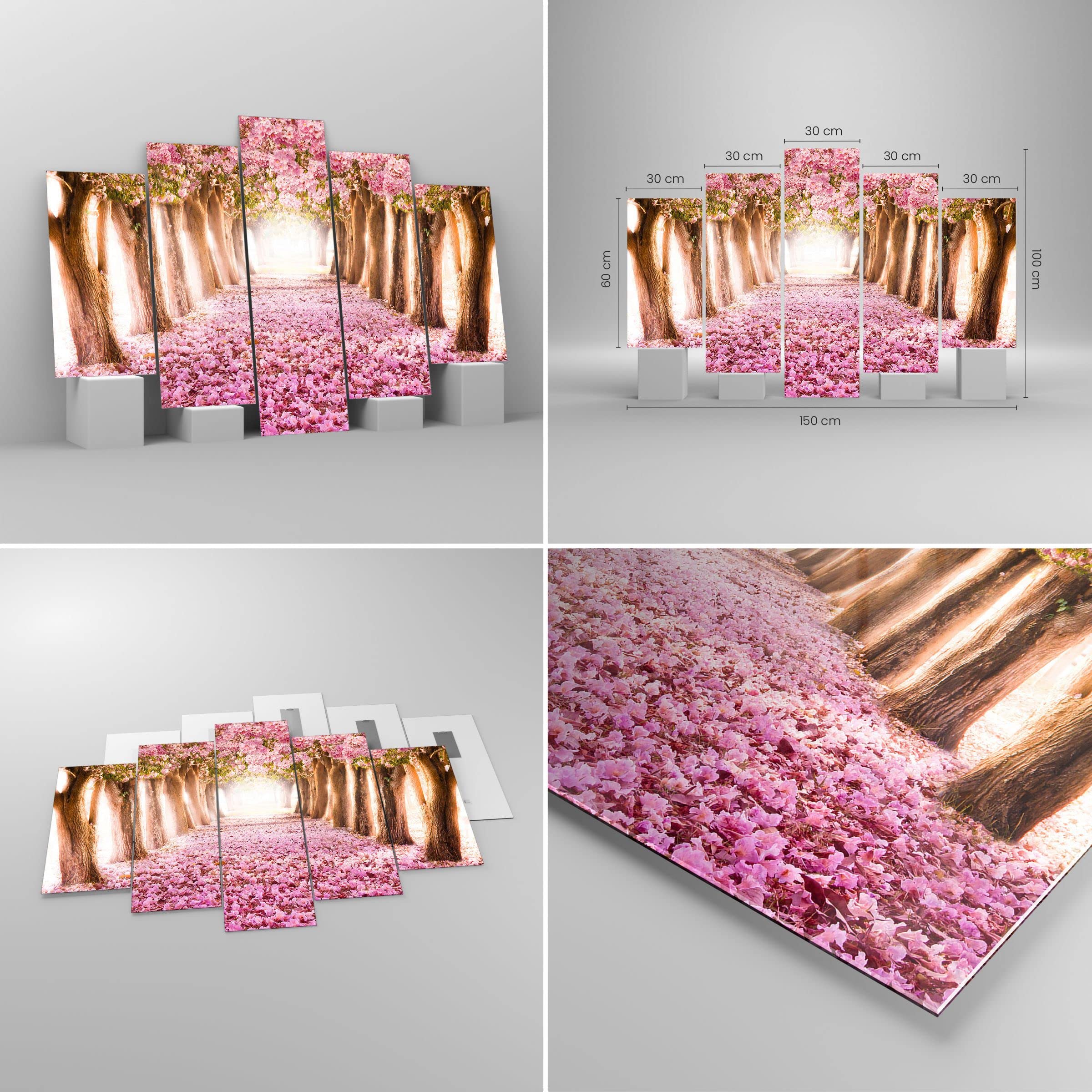 Tableau Moderne Sur Verre 150x100cm - Impression Nature Arbre Prairie | Décoration Murale Triptyque 5 Parties Salon Chambre