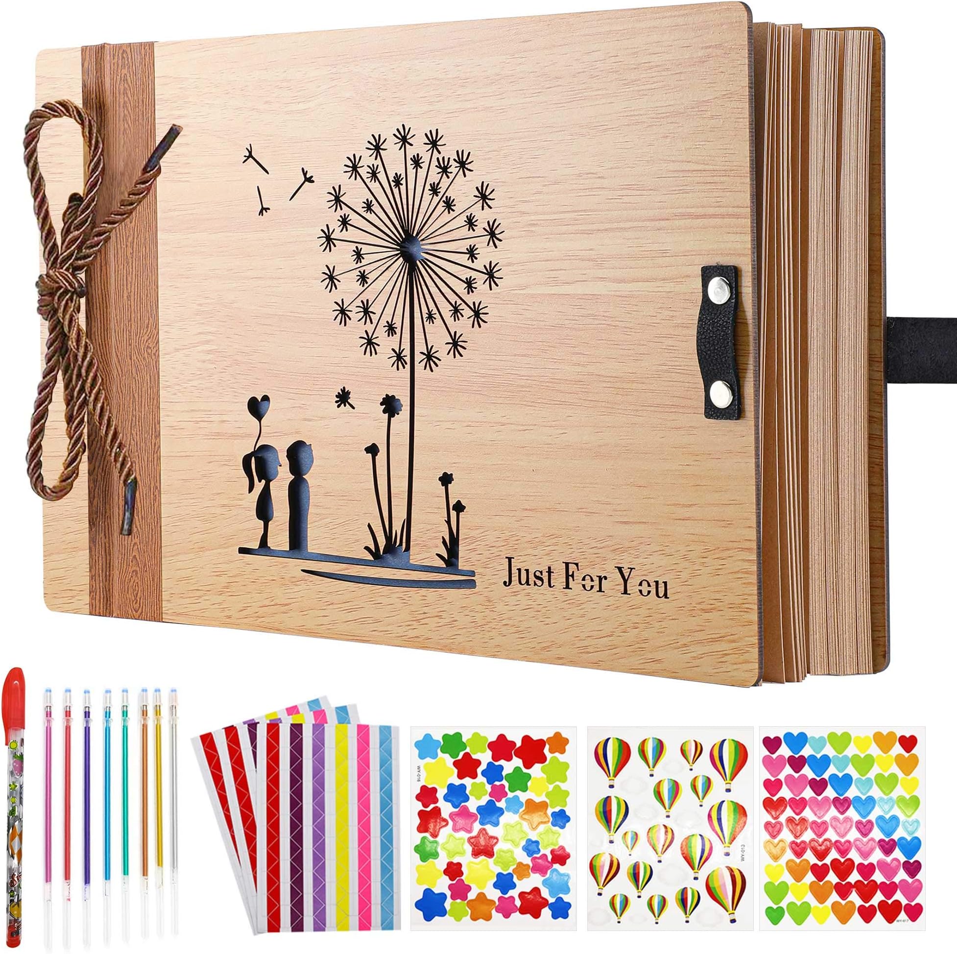 Wooden Photo Album Love Scrapbook Wood Scrapbooking Supplies,โDandelionโ Memory Book for Couples Wedding Guestbook Anniversary Scrapbook Our Adventure Book Travel Album,with 5 Stickers,8 Color Pens