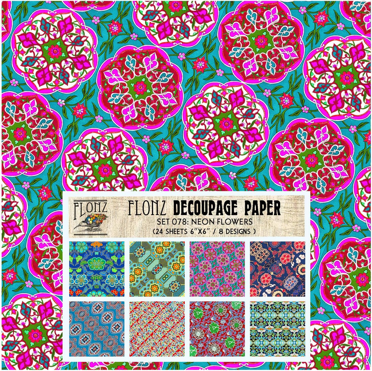 Decoupage Paper Pack (24 Sheets 6"x6") Neon Flowers Patterns FLONZ Vintage Styled Paper for Decoupage, Craft and Scrapbooking