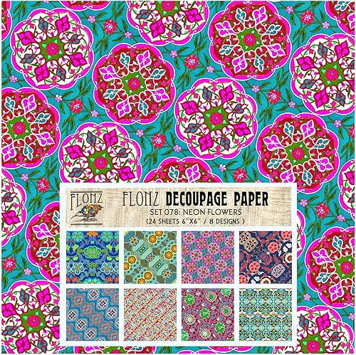 Decoupage - Paquete de papel (24 hojas de 6 x 6 pulgadas), patrón de flores de neón FLONZ, papel de estilo vintage para decoupage, manualidades y