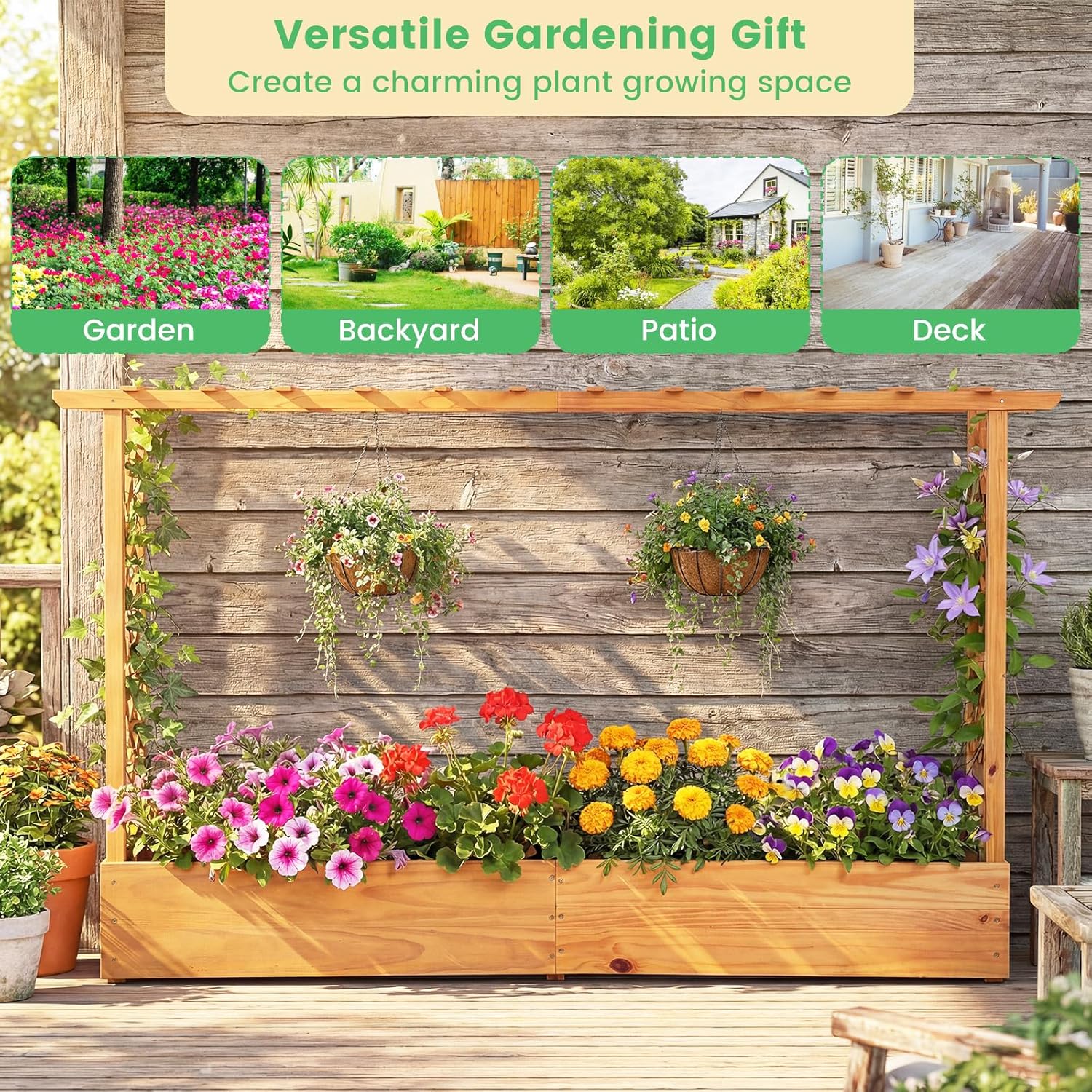 Giantex Raised Garden Bed with Trellis & Hanging Roof, Wood Planter Box with Bottom and Drainage Holes, Freestanding Garden Planter for Flower Vegetable Fruit Herb Climbing Vines (79" x 17.5" x 45")