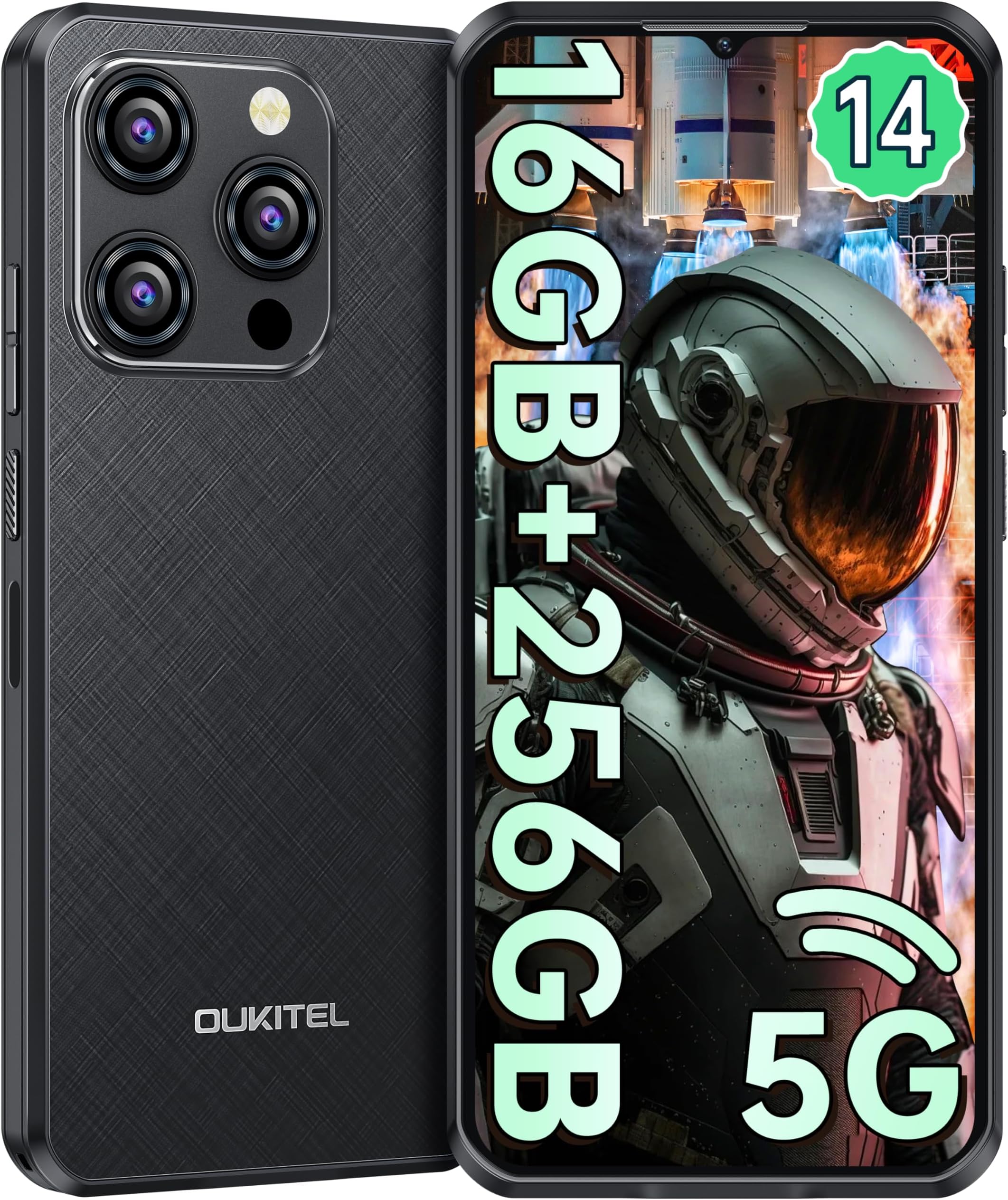 OUKITEL WP52 Rugged Phone Android 14-6.6Inch 60Hz Fullview Display, 5G Smartphone with 256GB+16GB, 48MP & 8MP Waterproof Cameras, 6500 mAh Battery Face Unlocked, OTG, GPS,NFC/Black