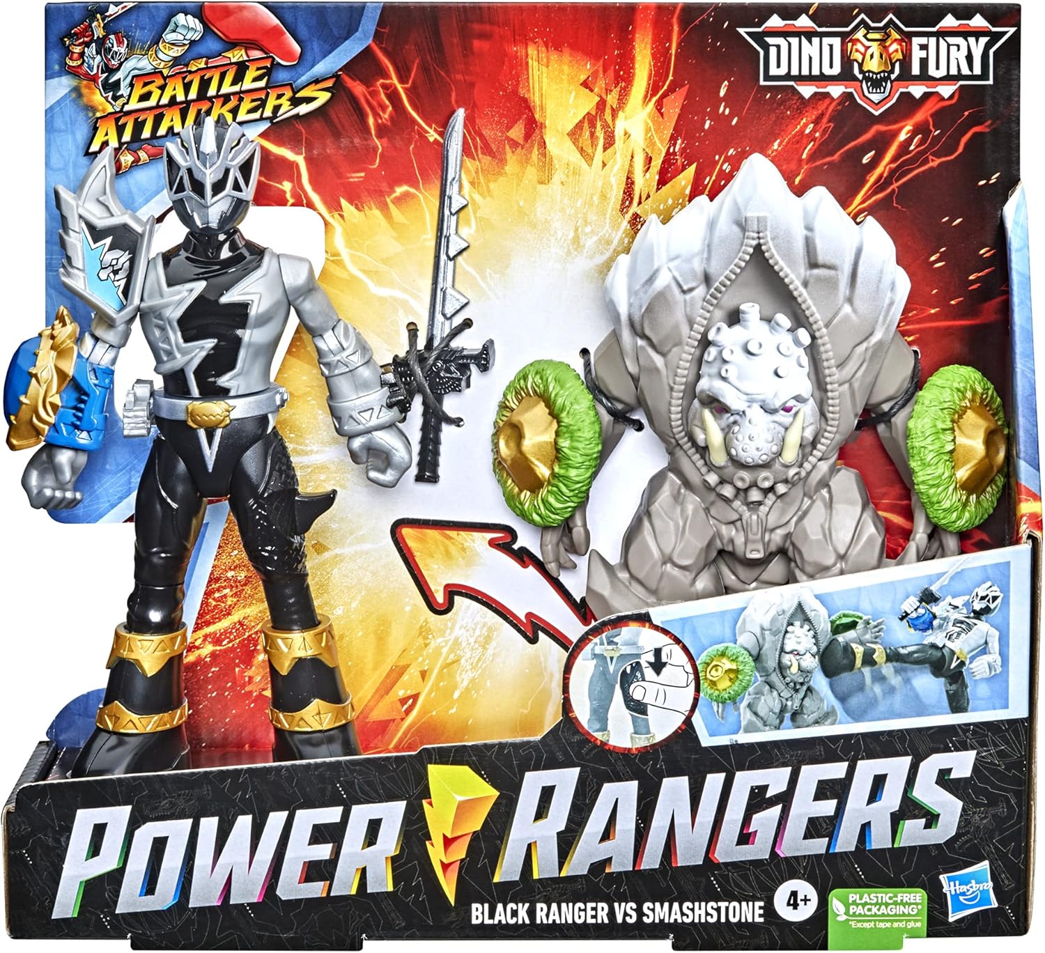 Power Rangers Dino Fury Battle Attackers 2-Pack Black Ranger vs. Smashstone Kicking Action Figure Toys, TV Inspired Accessory Ages 4 and Up