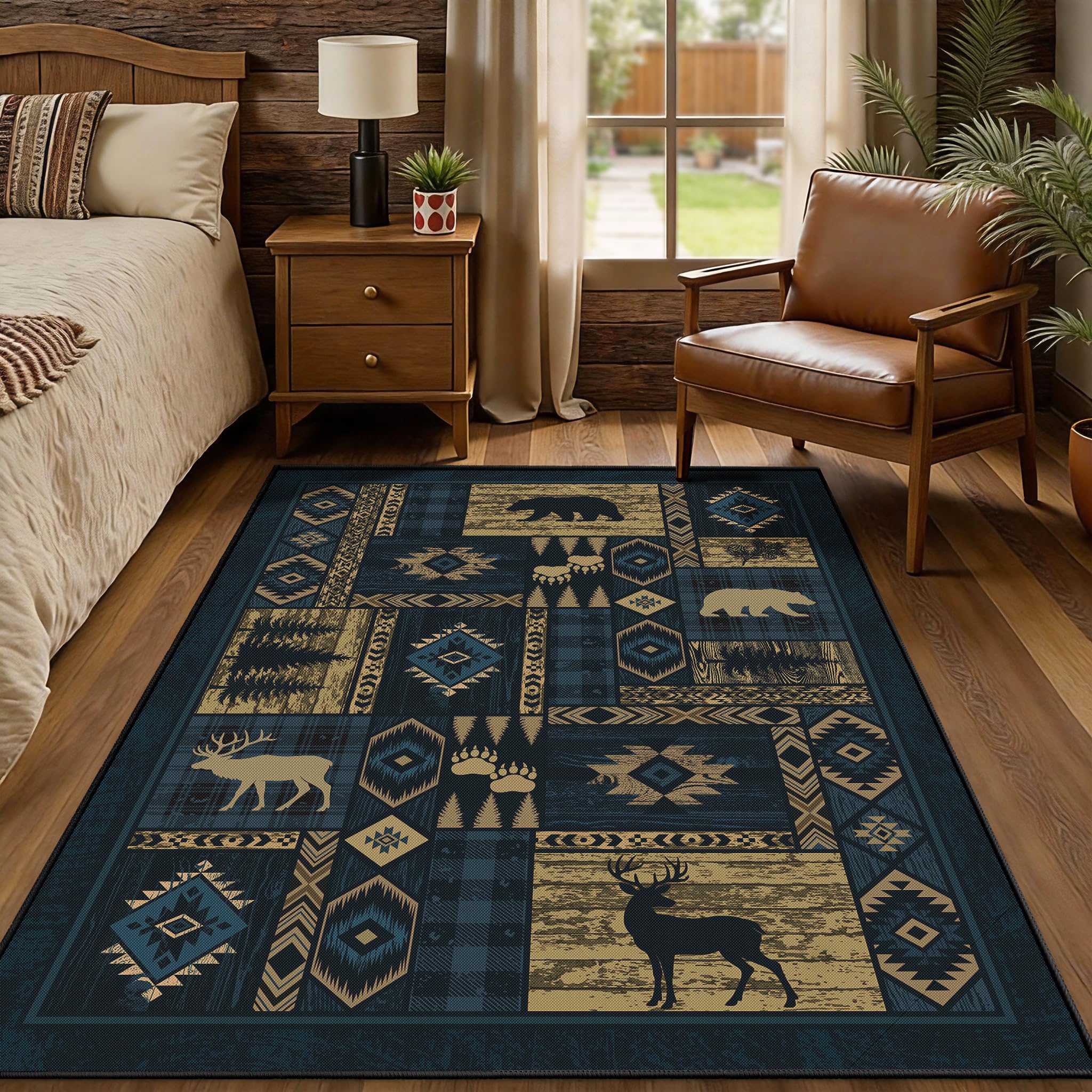 Rustic Cabin 3x5 Entryway Rug - Washable Upgrade Non-Slip Animal Bear Deer Wildlife Print Pattern Area Rugs Low Pile Ultra-Thin Lodge Hunting Carpet for Living Room, Dining Room, Bedroom, Denim Blue