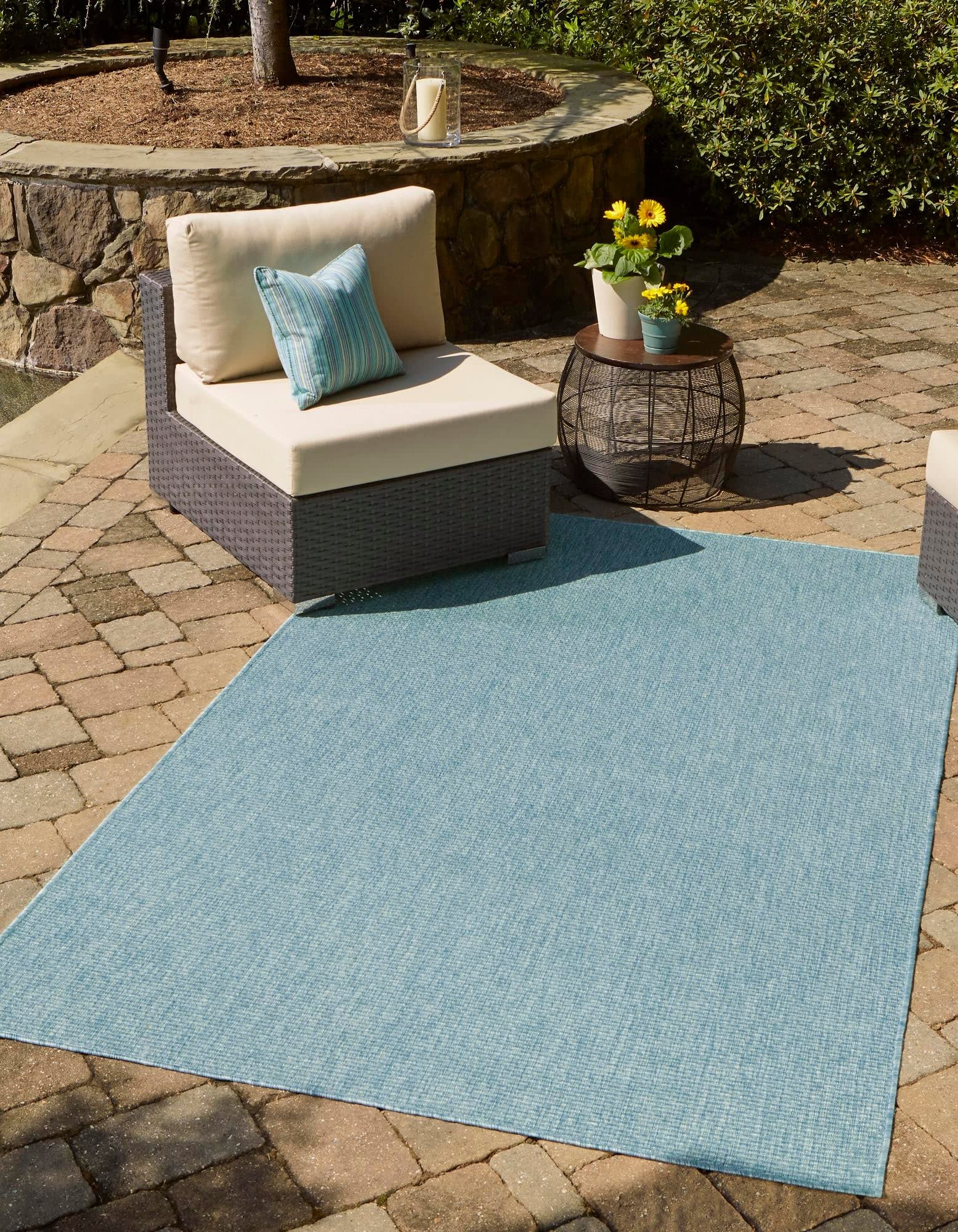 Rugs.com Outdoor Solid Collection Rug – 9' x 12' Aquamarine Flatweave Rug Perfect for Living Rooms, Large Dining Rooms, Open Floorplans