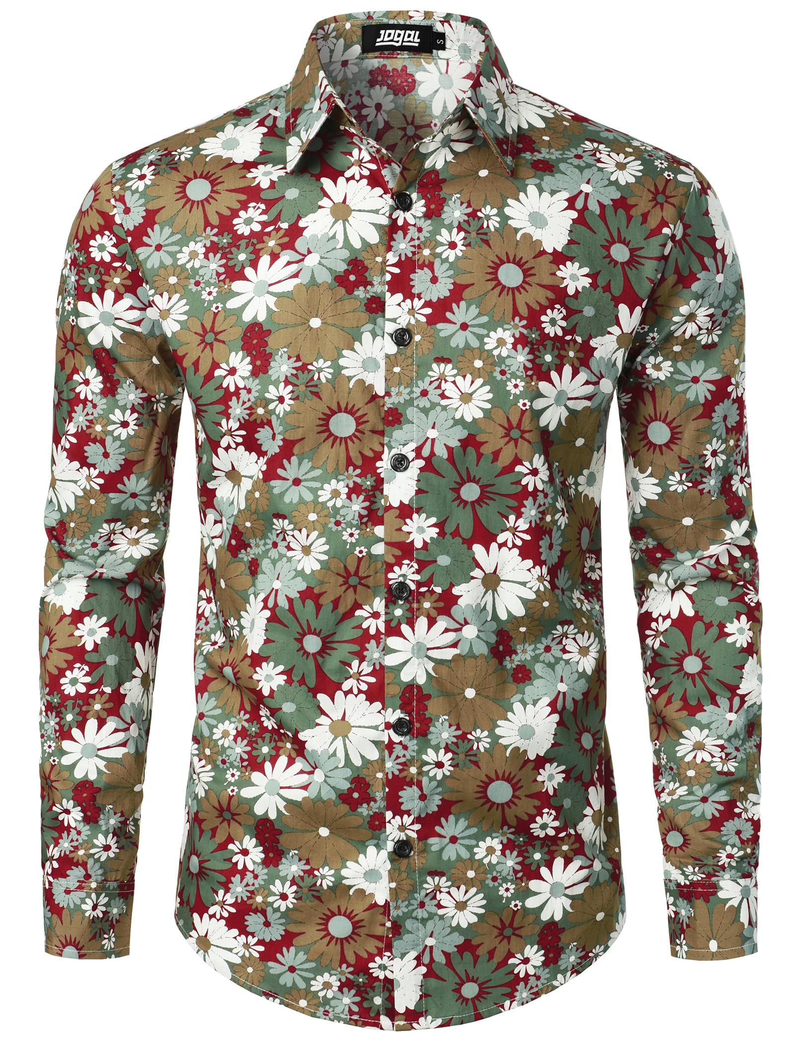 JOGAL Mens 70s Floral Dress Shirt Long Sleeve Printed Casual Button Down Shirts