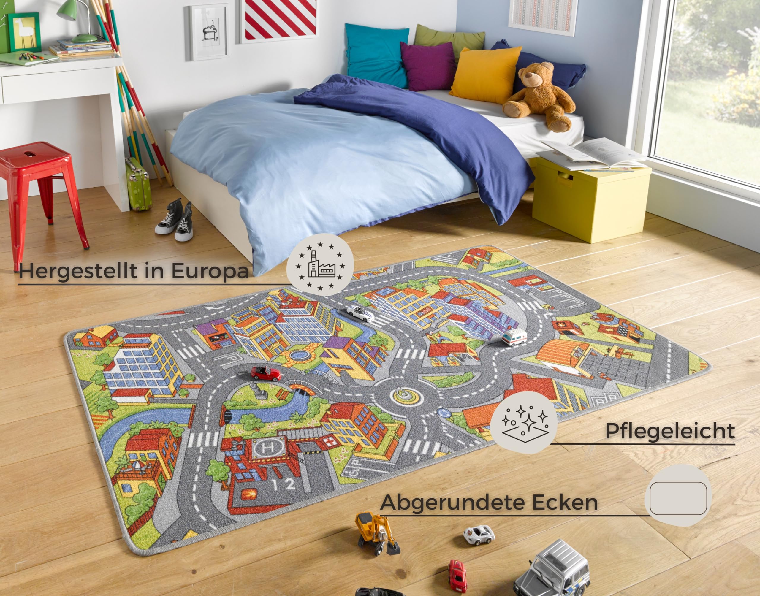 HANSE Home Play Smart City - Alfombra infantil antideslizante para niños y niñas, pelo corto, alfombra de juegos de ciudad, diseño de calle, para dormitorio, habitación de niños, sala de juegos, 90 x 200 cm