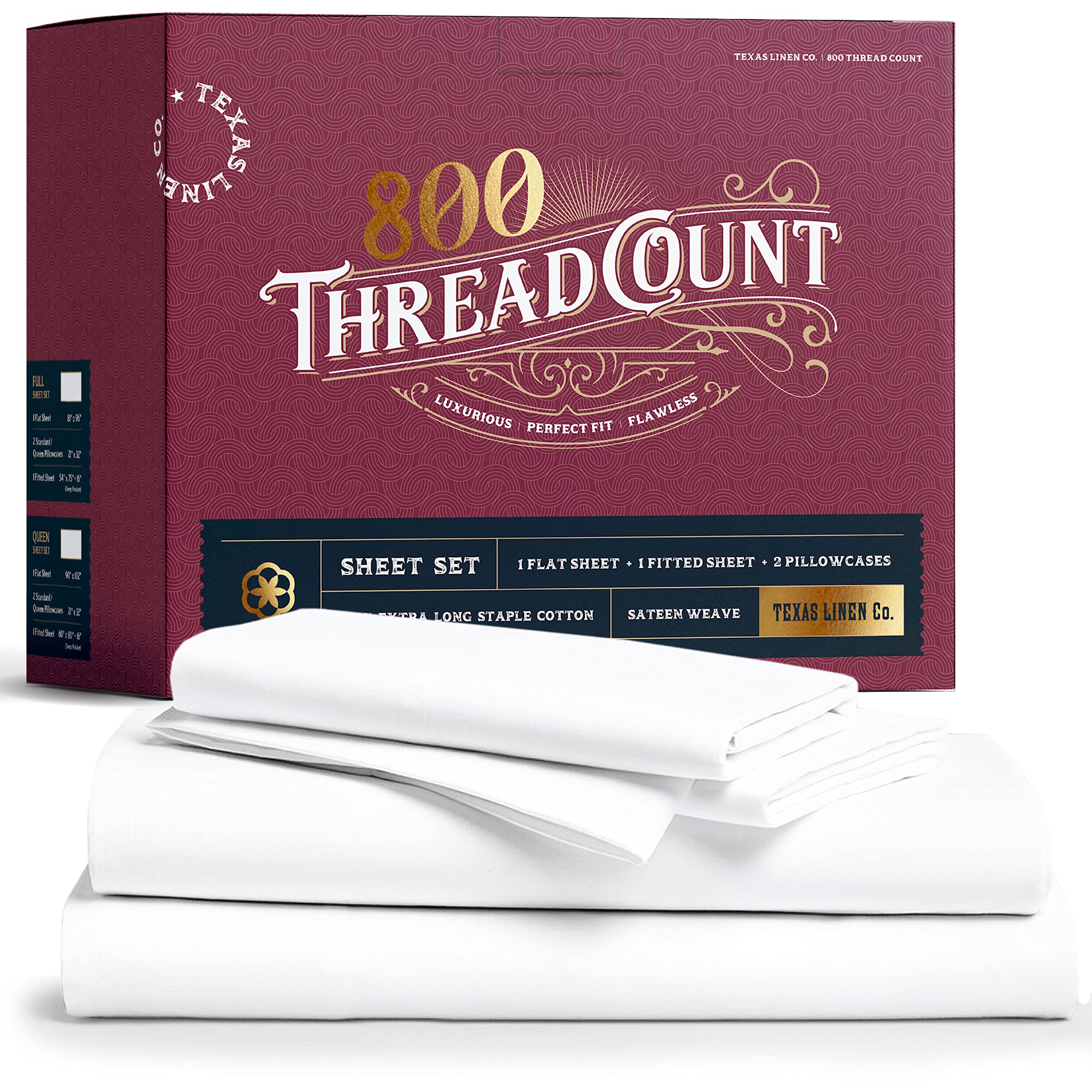 TEXAS LINEN CO. Pure King Size Cotton Bed Sheets Set (King, 800 Thread Count) White Sheets and Pillow Cases (4 Piece) ?Çô Cotton Sheets King Size Bed- Sateen Weave Sheets - 16?Ç¥ King Deep Pocket Sheets