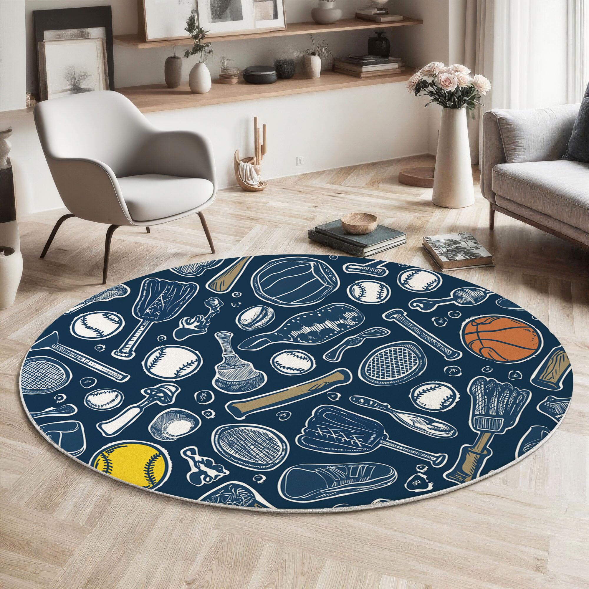 Tapis rond 100cm bleu foncé graffiti sport en velours de cristal antidérapant