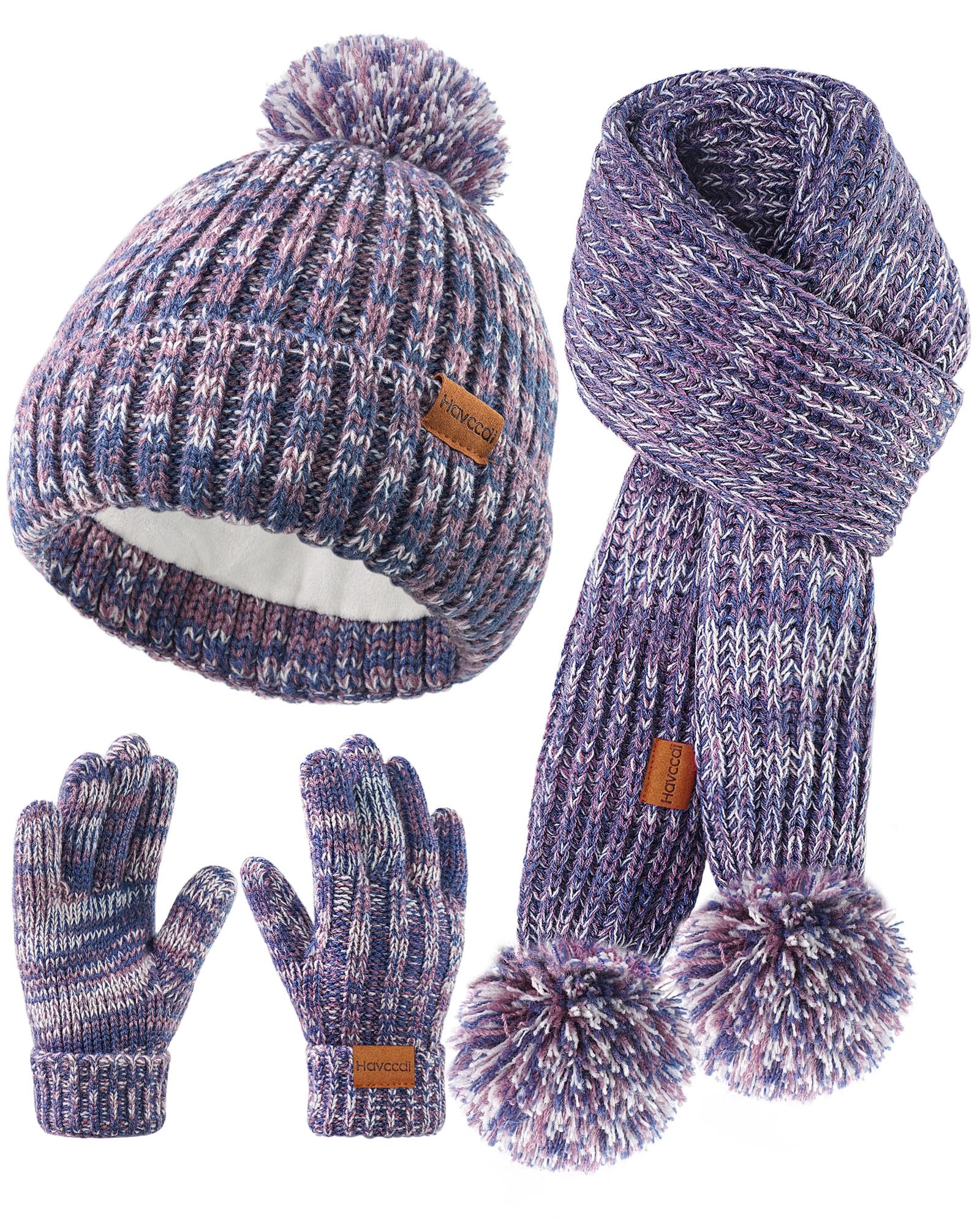 Kids Winter Hat Scarf Gloves Set - Girls Boys Fleece Lined Beanie Hat with Pom Knit Scarf Warm Mittens for Children