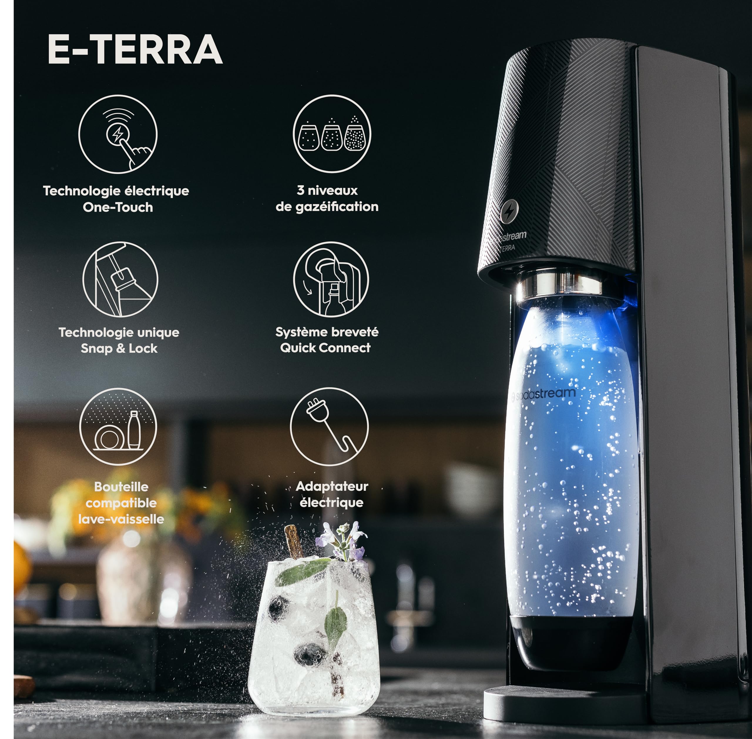 SodaStream E-Terra, Gasatore d'acqua Frizzante Elettrico,1 Bottiglia Pet, Incluso Cilindro Contente Co2, 1 Litro e 1 Alimentatore