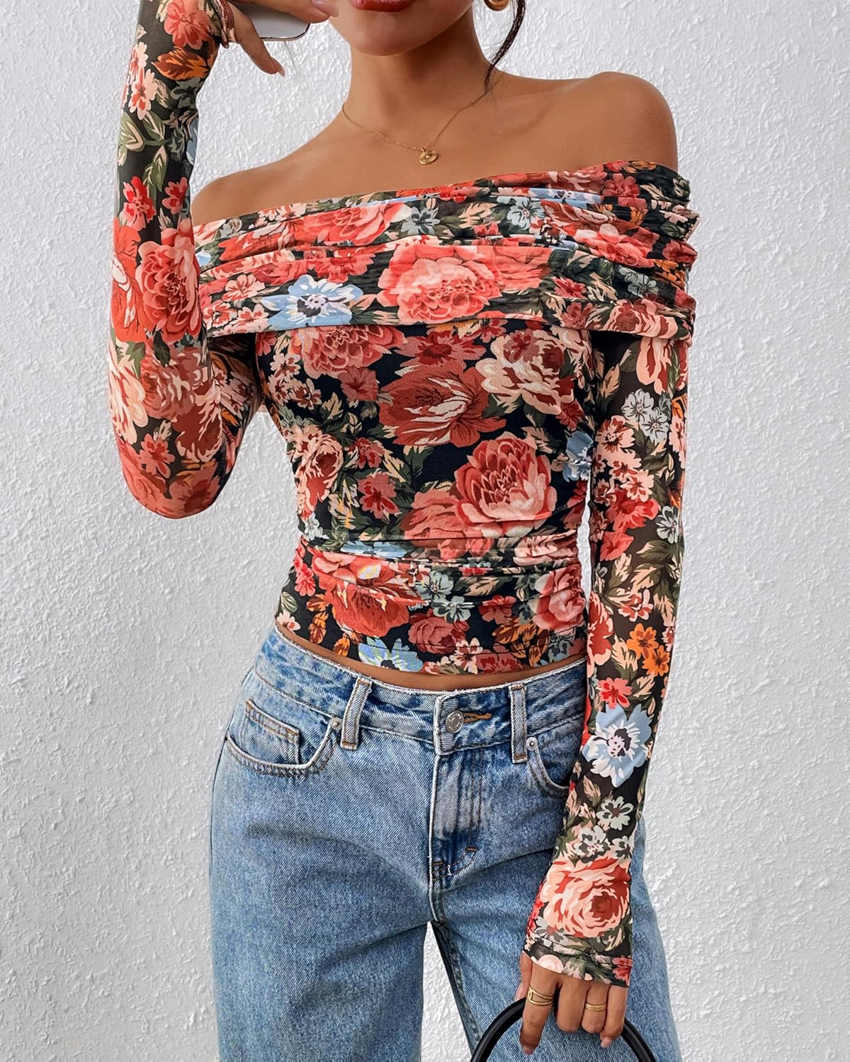 PRETTYGARDEN Womens Tops 2026 Spring Off The Shoulder Long Sleeve Fitted Y2k Shirts Floral Ruched Mesh Going Out Outfits - Image 2
