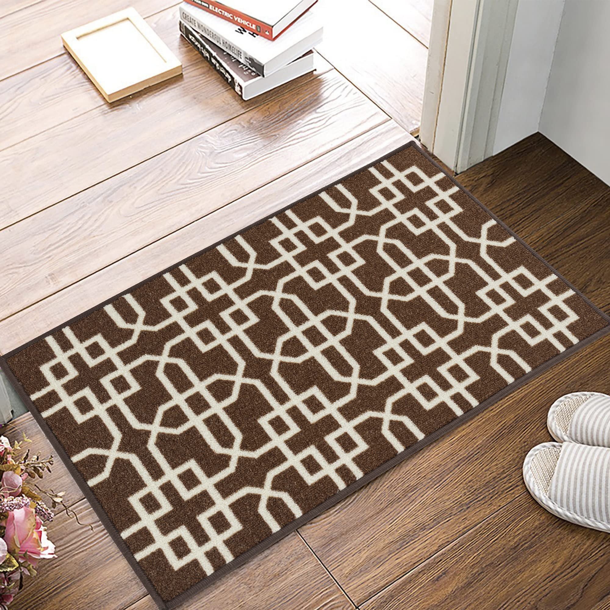 SmartLiving Door Mat Indoor & Outdoor 67X220cm Heavy Duty Siam Non Slip Doormats,Machine Washable,Gel Backed Floor Kitchen Mat,Super Absorbent Gel Back Door Entrance Mats Soft Floor Carpet-Brown Cream