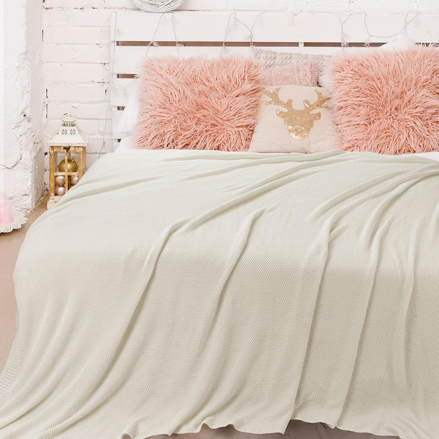 PiccoCasa 100% Cotton Knit Blanket Twin Size,Solid Lightweight Decorative Throws and Blankets,Soft Knitted Throw Blanket for Sofa Couch, Beige 60" x 78"