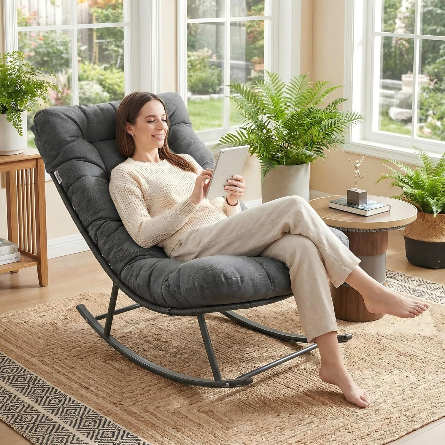 IRONCK Papasan Rocking Chair with Cushion, Patio Wicker Rocking Chair, Metal Frame Egg Rocker, 450lbs Capacity, Indoor Outdoor Lounge for Garden, Porch, Living Room, Balcony, Gray