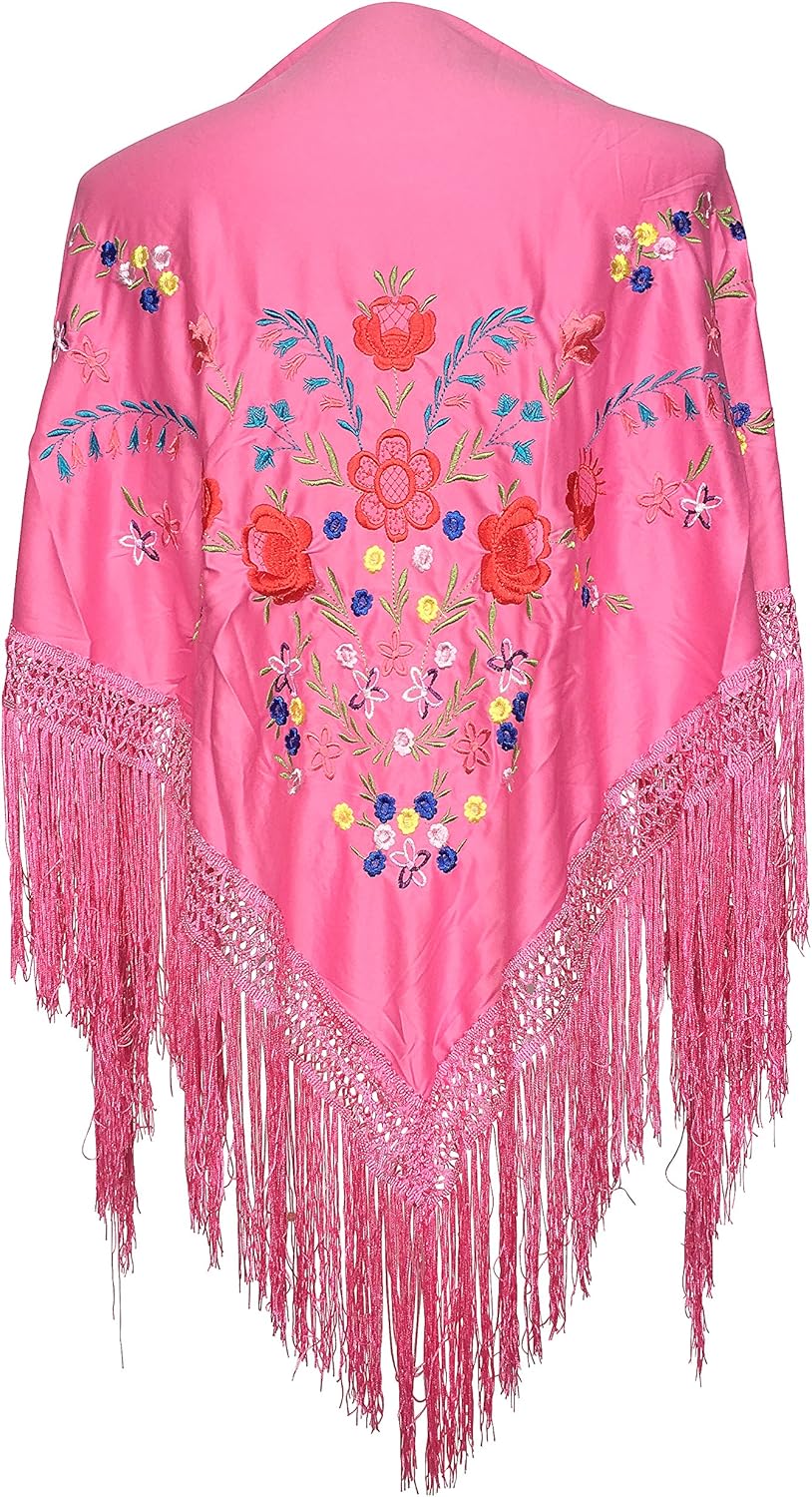 La Senorita Spanish Flamenco Dance Shawl Pink with colored flowers