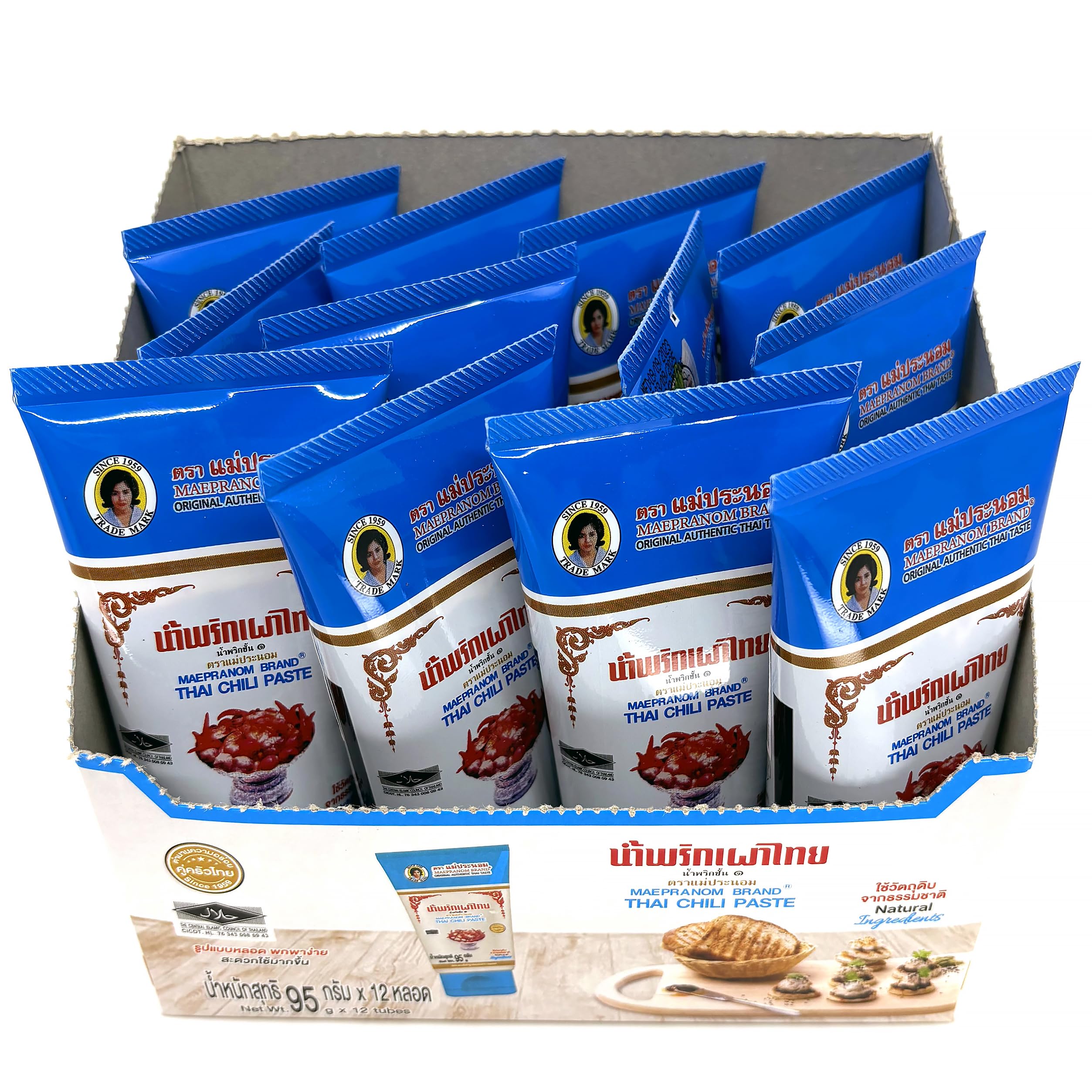 Mae Pranom Thai Chilli Paste Easy-To-Use Squeeze Tube 3.4Oz (95g), Pack of 12