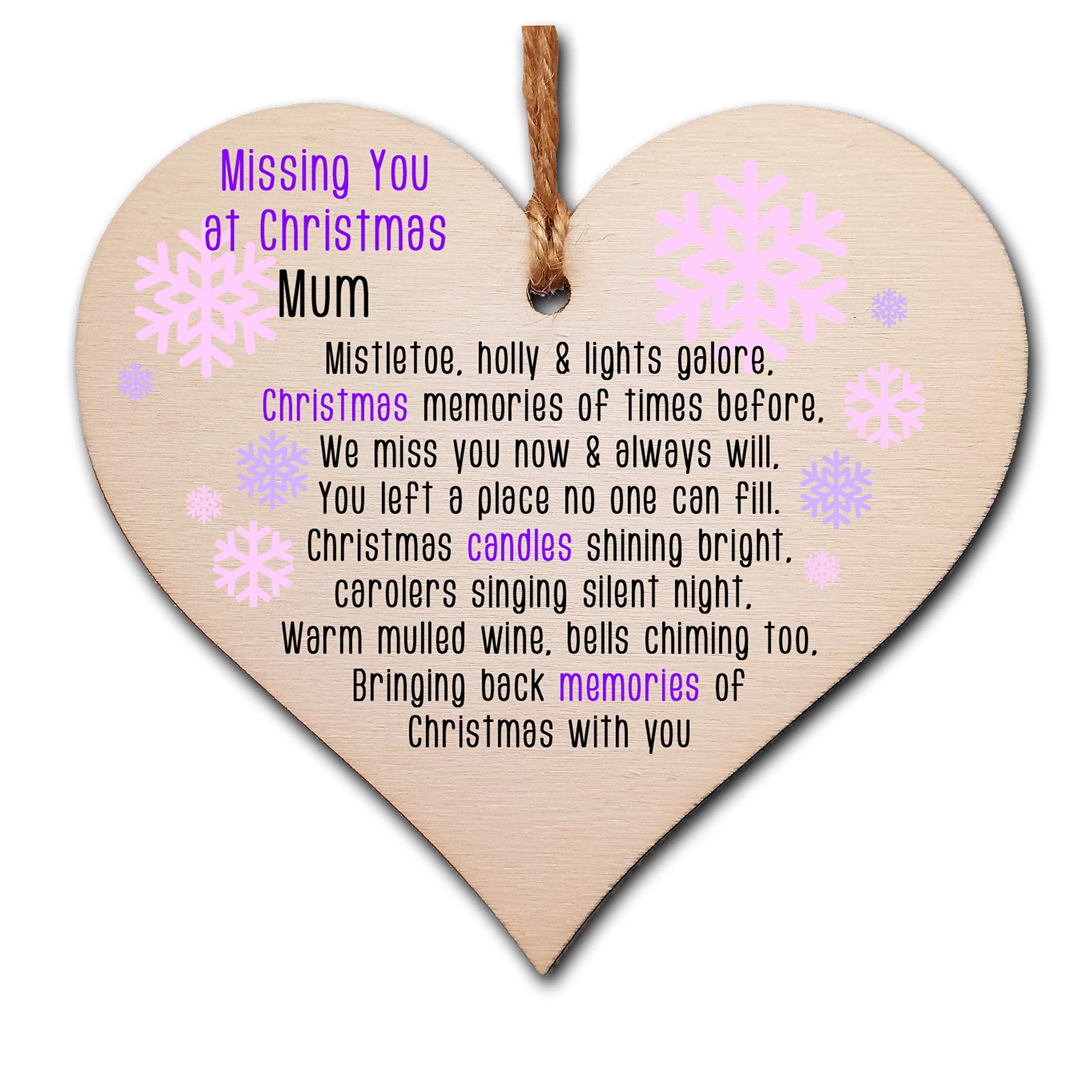 The Plum Penguin Pink Handmade Wooden Christmas Hanging Heart Plaque Gift Missing You At Xmas Sentimental Rememberance Present Tree Decoration Snowflakes Lost Loved Ones