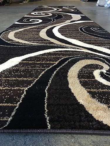 Miniatura 3 de Alfombra moderna de pasillo largo contemporánea, color marrón oscuro y negro, diseño King 344 (32 pulgadas x 10 pies)