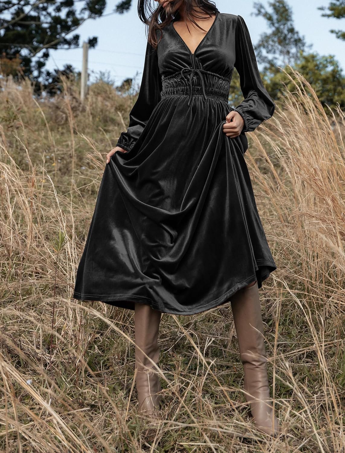 ZAFUL Womens Long Sleeve Velvet Dress 2025 Fall V Neck Holiday Cocktail Party Semi Formal Midi Dresses for Wedding Guest - Image 6