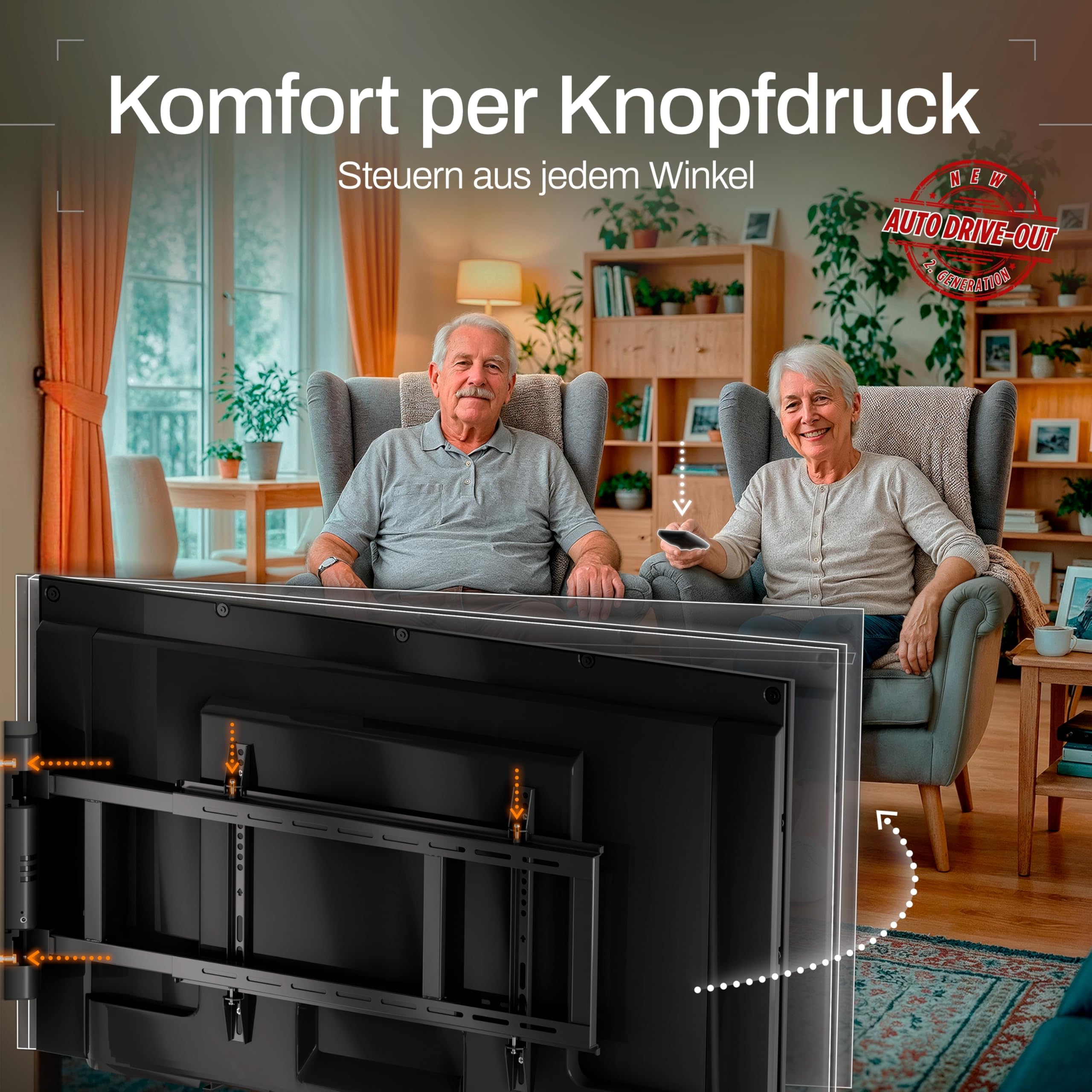 EasyLife Uchwyt ścienny do telewizora elektrycznie wychylny, z Auto Drive-Out, ultra cienki 56 mm, cichy silnik, antykolizyjny, 32-75", VESA do 600 x 400 i 50 kg, metalowa konstrukcja premium, kolor