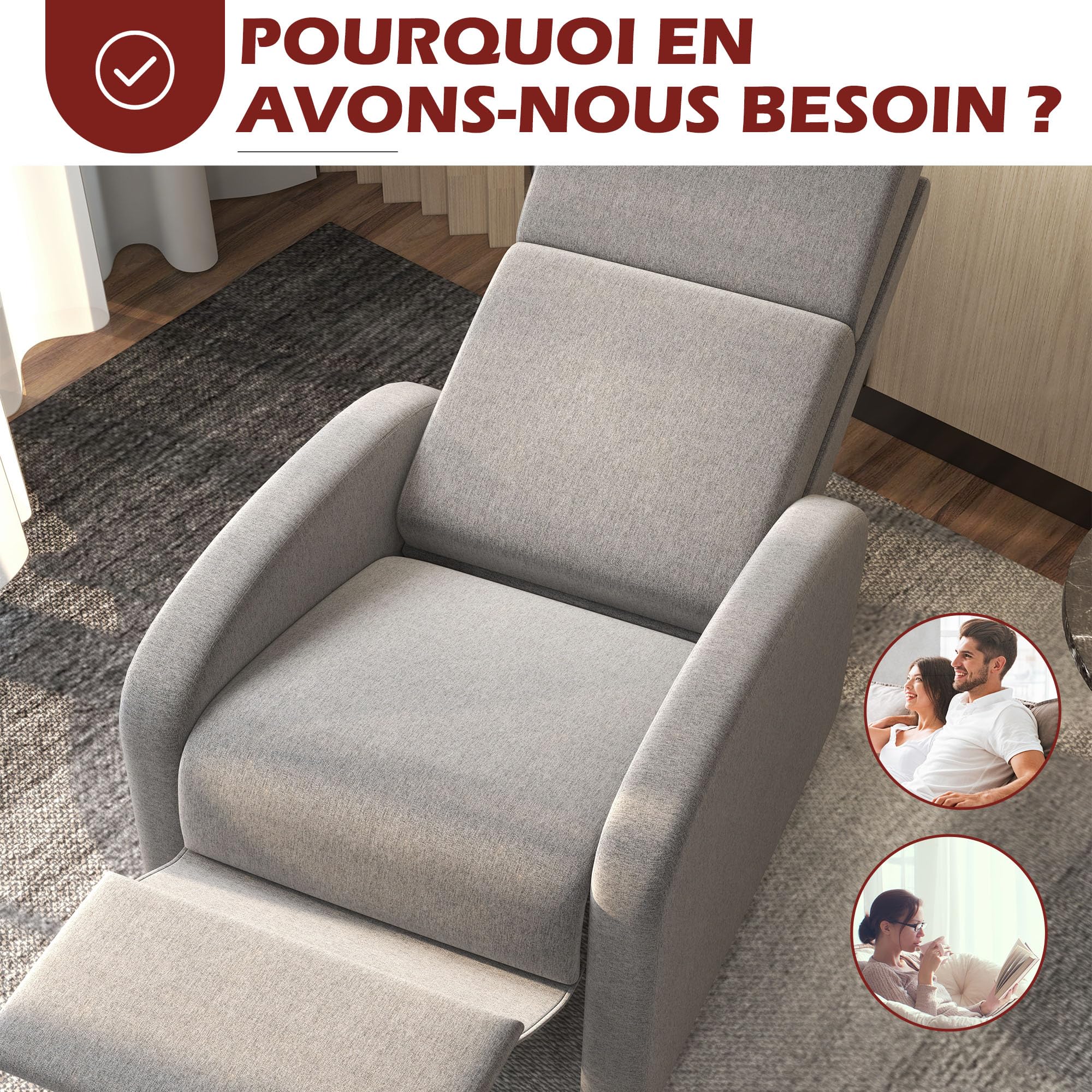 HOMCOM Fauteuil Relax Fauteuil de Relaxation inclinable Salon avec Dossier réglable jusqu'à 160° manuellement, Repose-Pieds intégré pour Salon Chambre Bureau Home cinéma, Charge 120 kg, Gris
