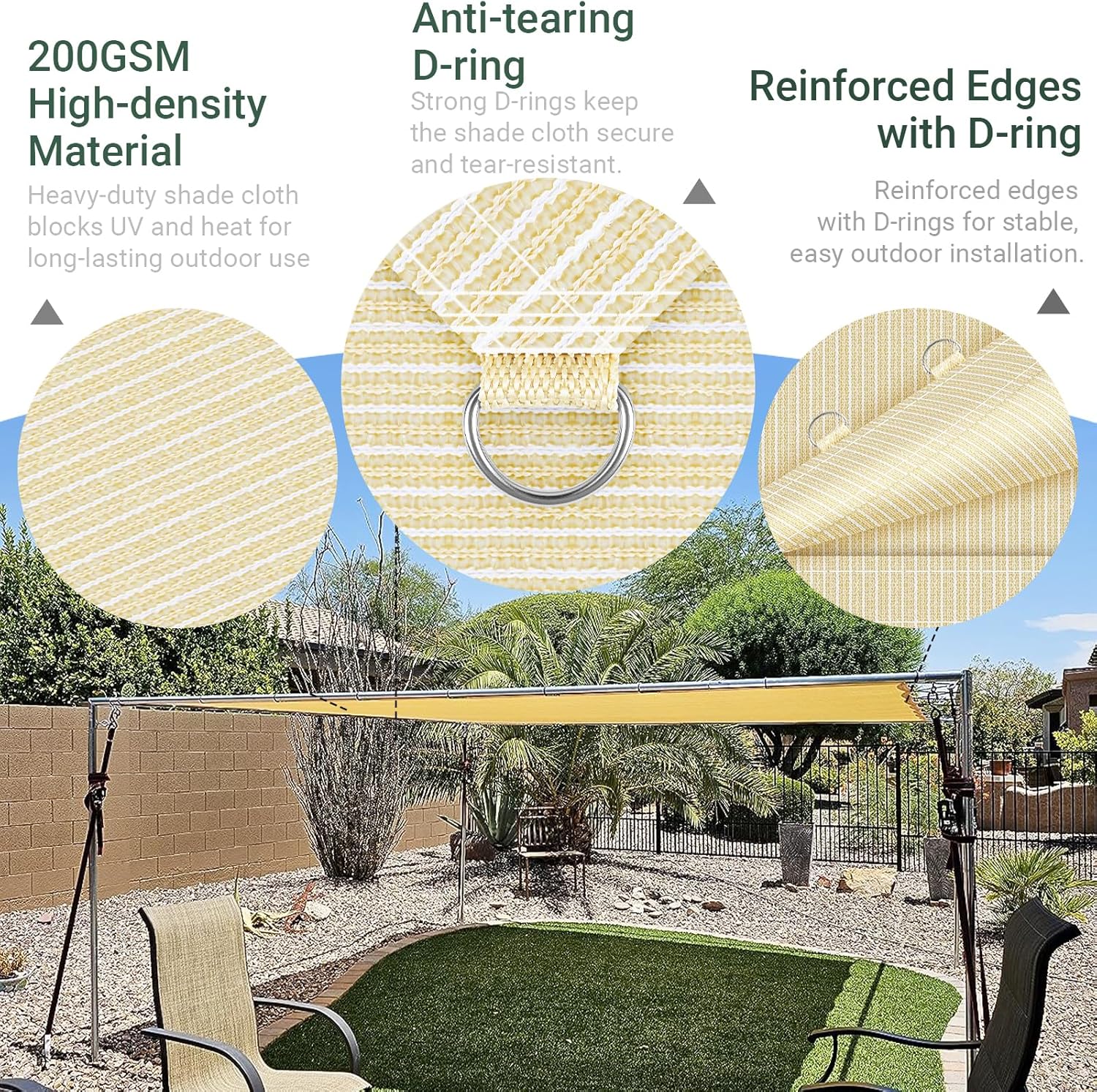 90% 12x24ft Sun Shade Cloth with D-Rings, Reinforced Edge & Corner Webbing Sun Shades for Outdoor Patio, Breathable Pergola Shade Cover 200GSM Shading Fabric for Garden, Patio, Deck & Backyard (Beige)