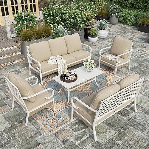 HERA'S HOUSE 5 Piece Patio Furniture Set, 2-Seat Lover Sofa, 2 x Fixed Chair, 1 x 3-Seat Sofa with Marbling Coffee Table, 7 Seats All Weather Outdoor Conversation Set for Lawn Garden Backyard, Beige