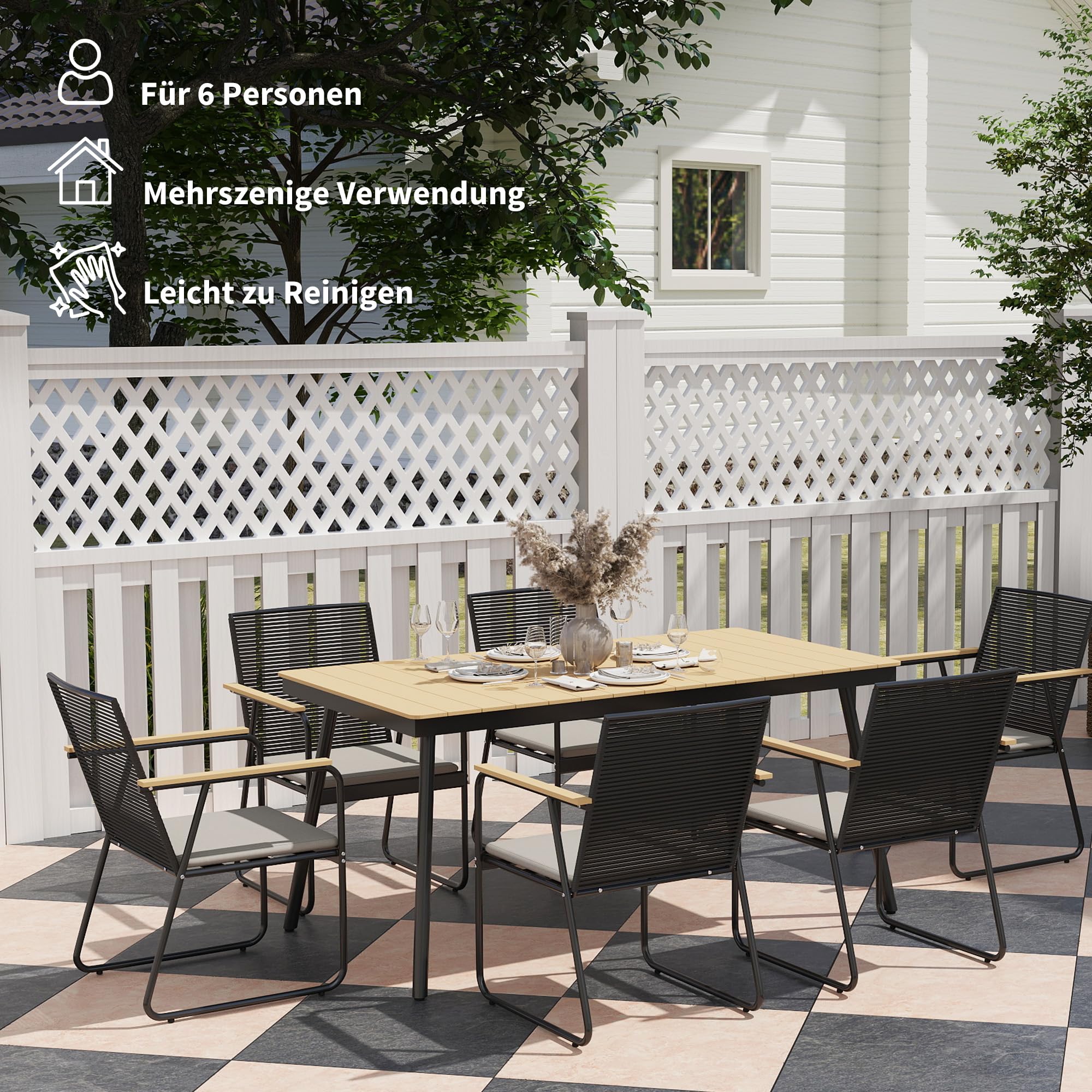Outsunny Sitzgruppe 7-TLG. Metall Essgruppe 6Per. Gartenmöbel-Set Naturholz | Esstisch, Tisch mit 6 Stühlen, Esszimmergruppe, Küchentisch-Set mit Metallgestell, Balkonmöbel