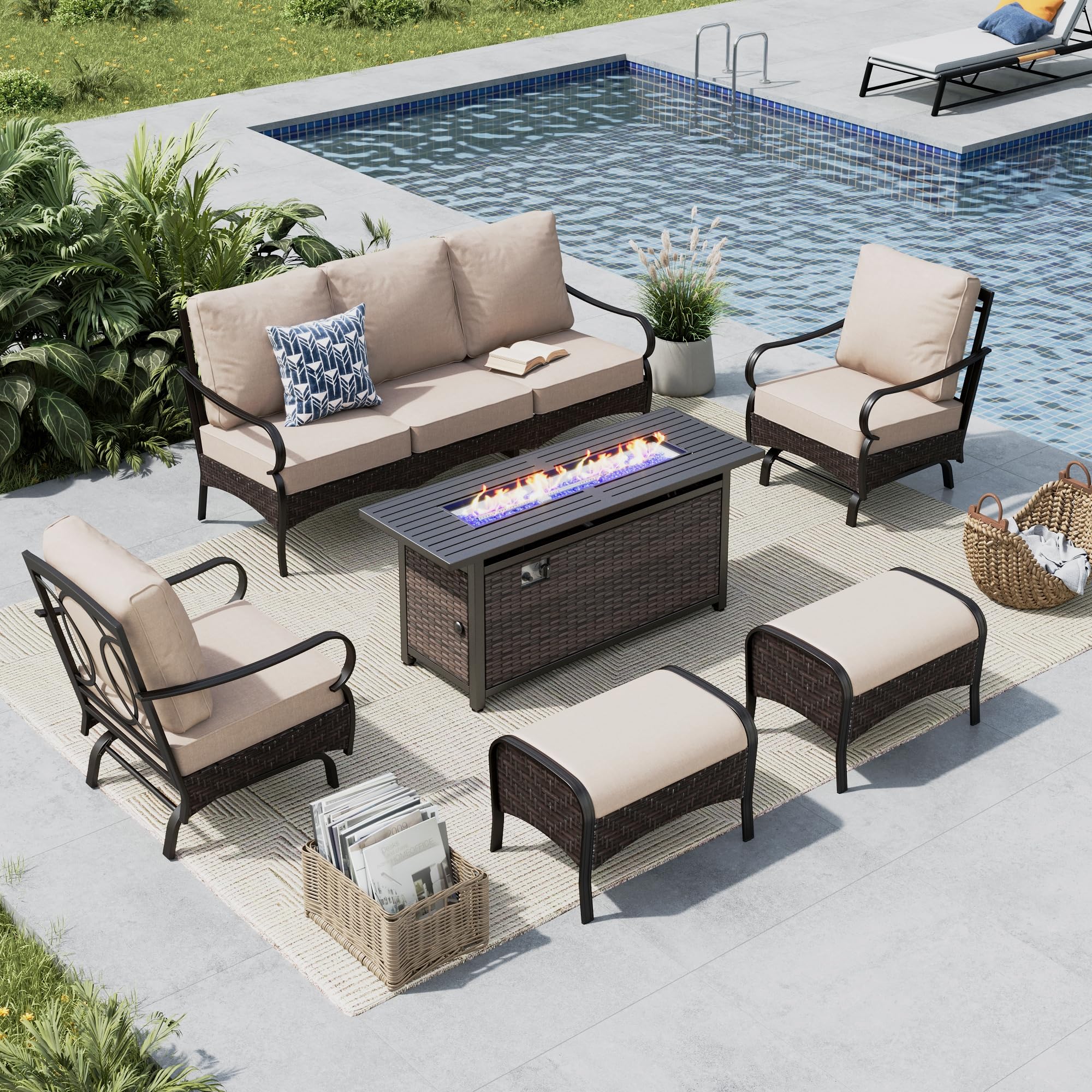 Fully assembled MFSTUDIO 6-piece outdoor patio furniture set with fire pit table