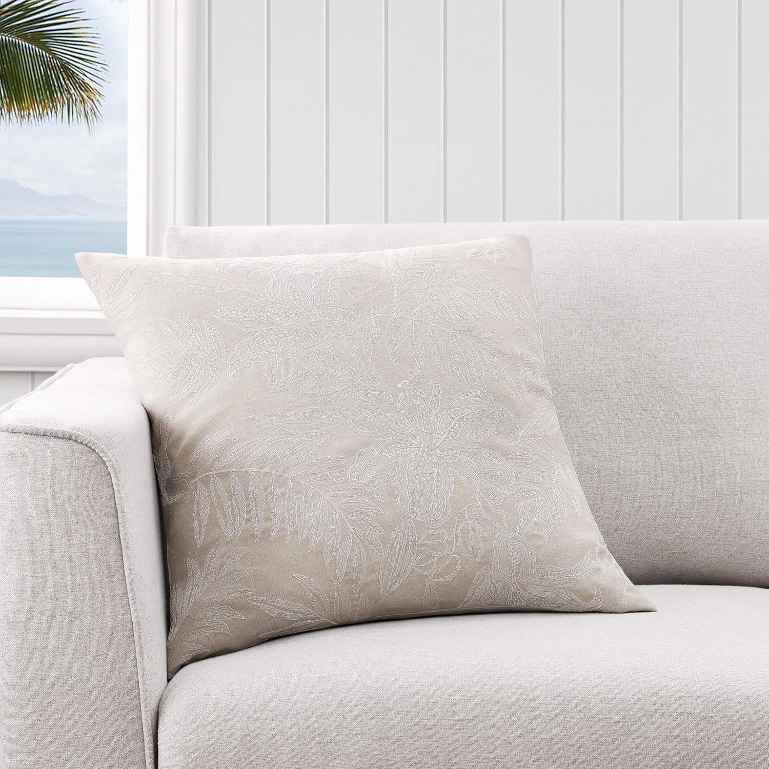 Tommy Bahama Throw Pillow Soft Cotton with Zipper Closure, Tropical Design, Ideal for Bed or Couch, 20" x 20", Island Estate Embroidered Beige