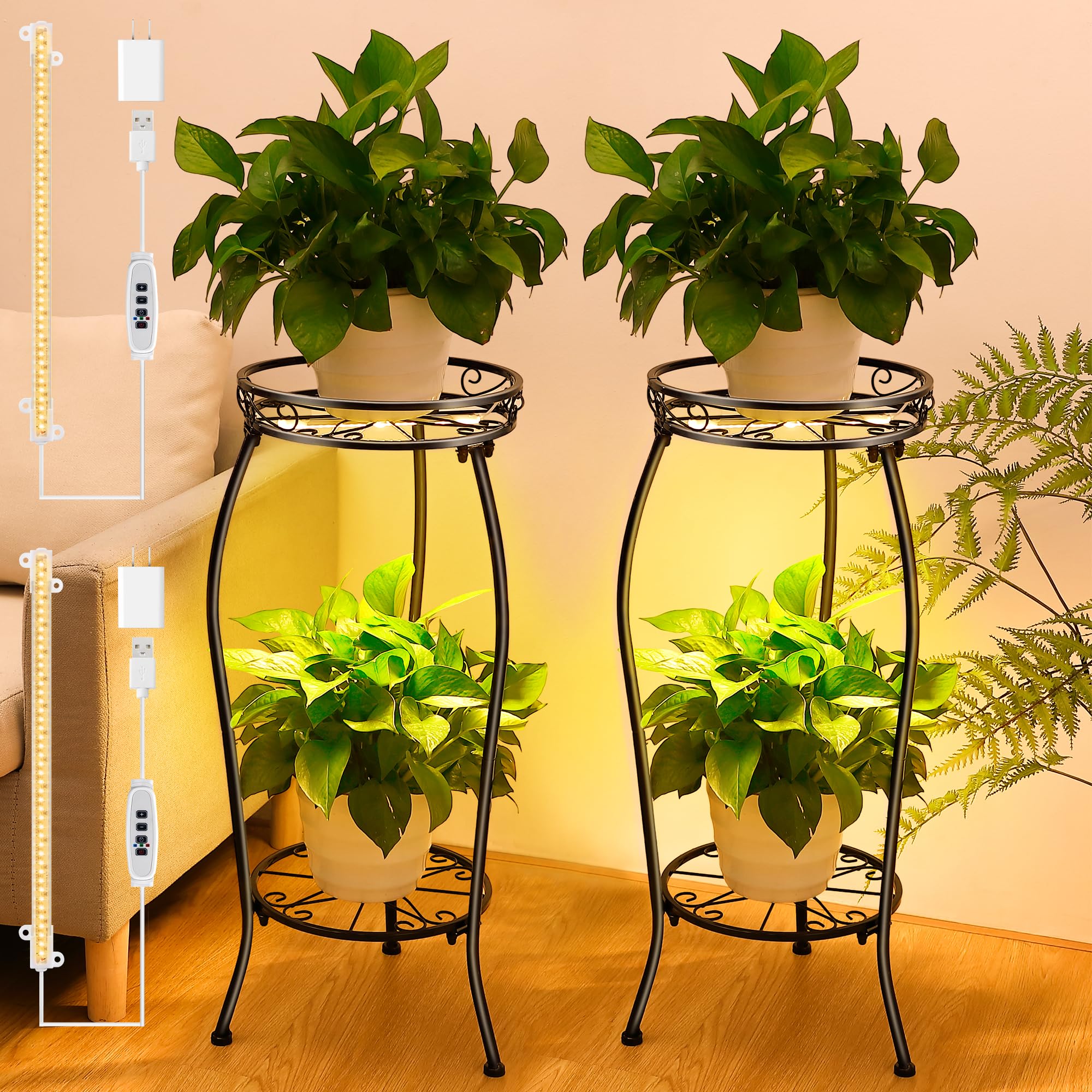 Dunkive 2 Pack Plant Stand indoor Outdoor 2 Tier 27" with Grow Light, Tall Metal Potted Holder Rack Flower Stand Rustproof Iron Heavy Duty Plant Shelf