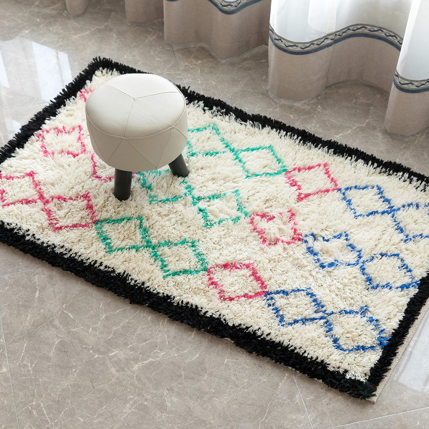 DEERLUX Handwoven Multicolored Geometric Trellis Plush Wool Shag Area Rug, 3' x 5'