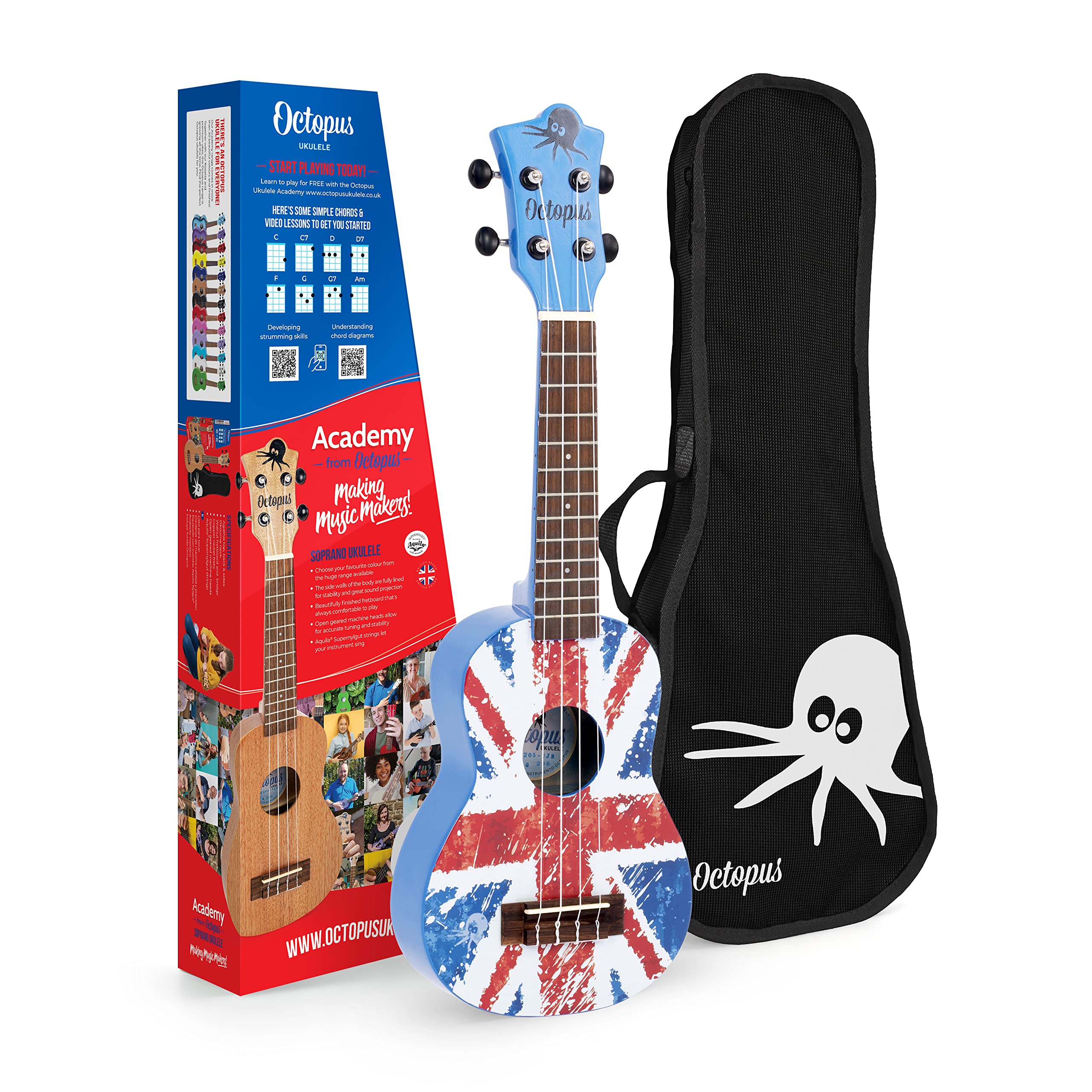 Octopus Academy soprano ukulele in Union Jack on blue